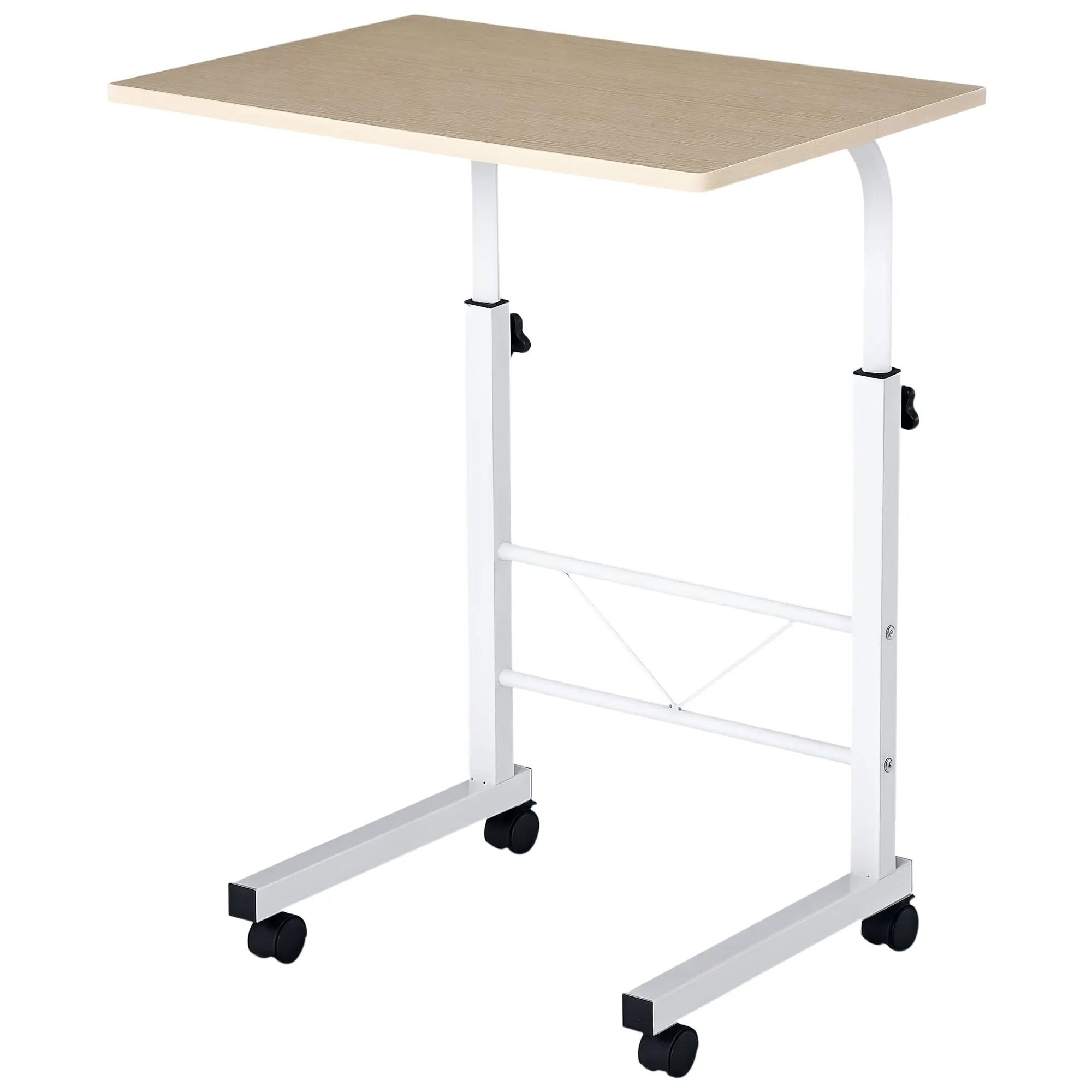 Side Table Height Adjustable Coffee Table Mobile End Desk with Wheels Locking Brakes C Tables Chipboard Steel Iron Plastic White Maple 60 x 40 x 68-78 cm