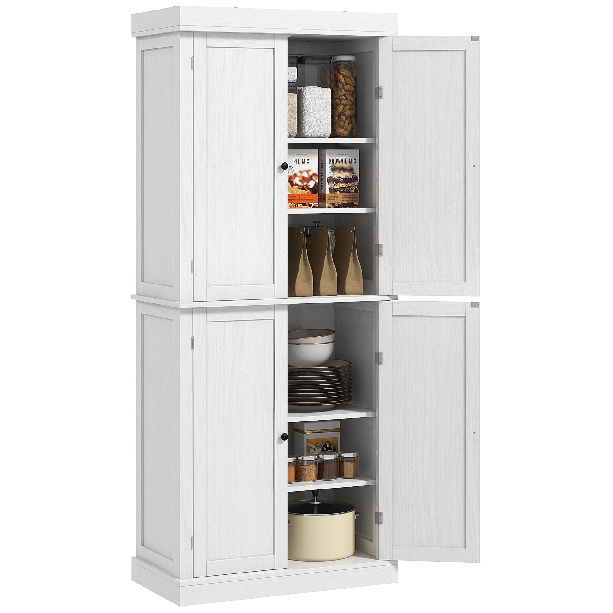 Tall Kitchen Cabinet with 6 Shelves and 2 Doors, Pantry Cabinet with Adjustable Shelves in Wood, 76x40.5x184 cm, White