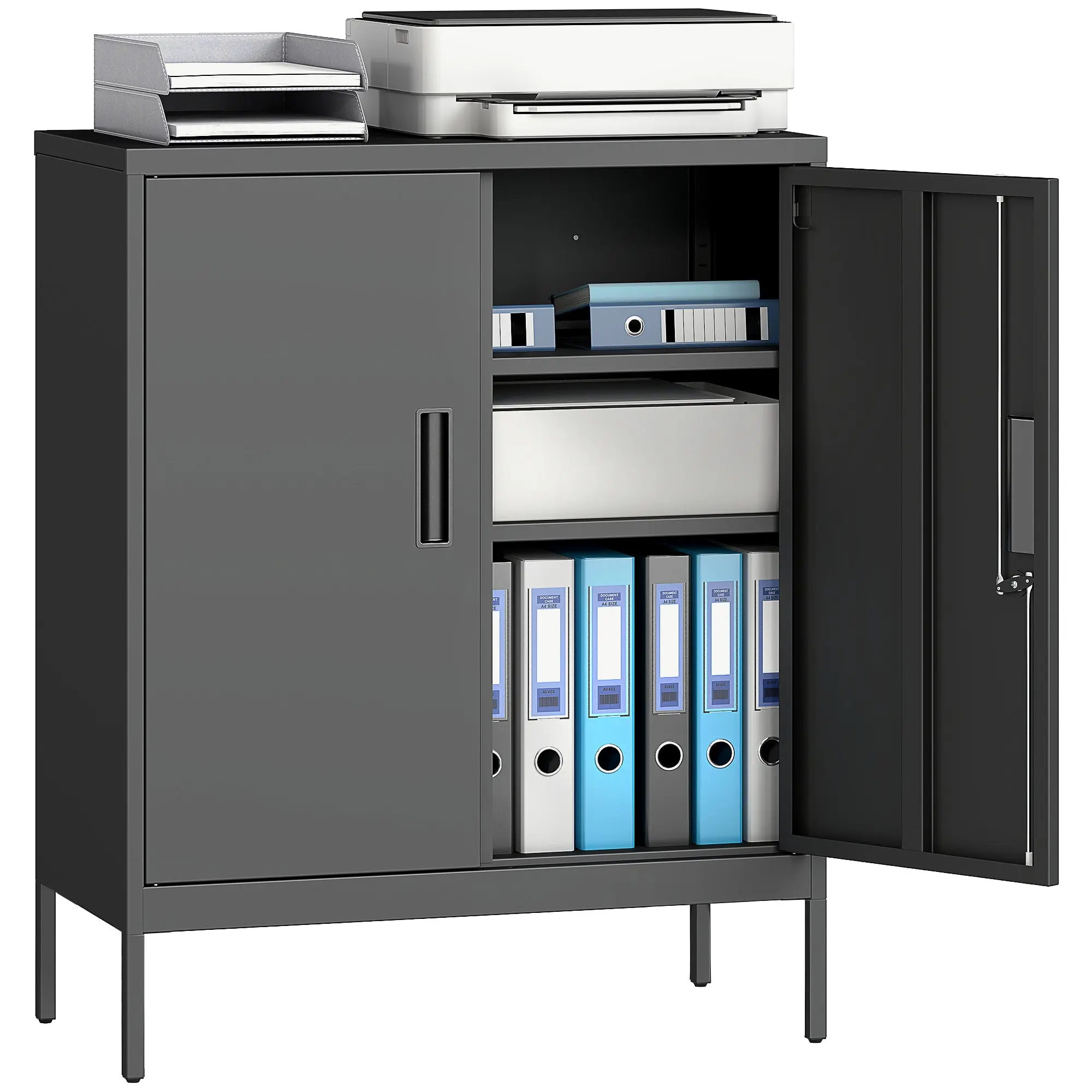 Metal Office Cabinet, 80 x 40 x 100 cm, Steel Storage Unit with Lock, 2 Doors and 2 Adjustable Shelves, Industrial File Cabinet for Office or Garage, Black