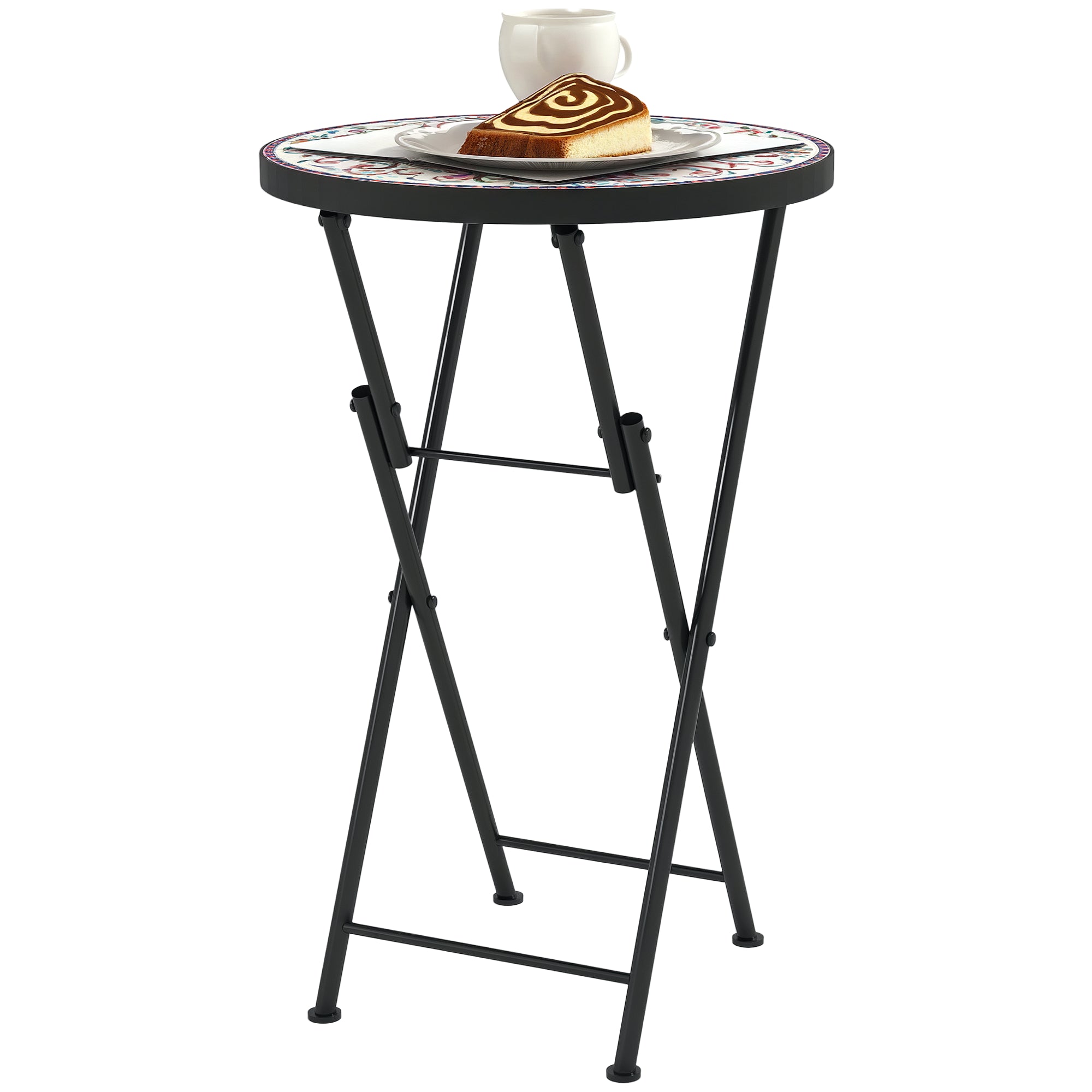 Folding Side Table Garden Table with Mosaic Design, ?35.5 x 55 cm Round Weatherproof Metal Balcony Table, Camping Table Folding Table Coffee Table for Living Room Office Outdoor Indoor, Multicolored