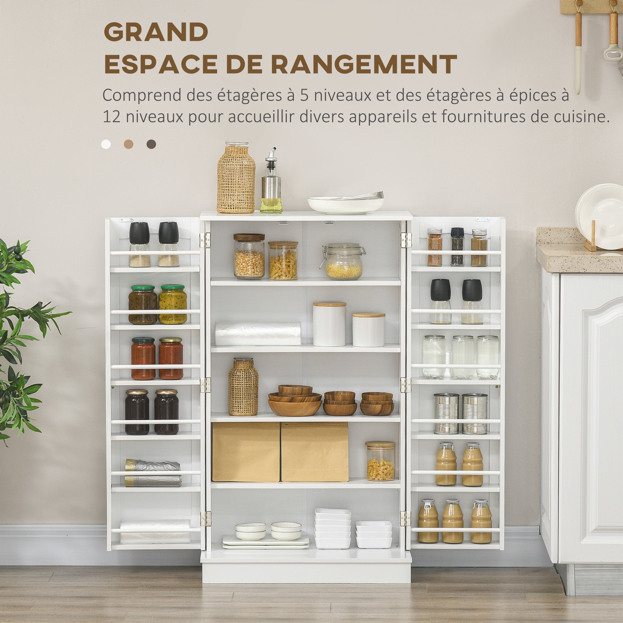 Kitchen Cabinet Buffet Cupboard Modern Storage Cabinet with Adjustable Shelves and 12 Spice Racks, Pantry for Dining Room, Living Room, 60 x 30 x 104 cm, White