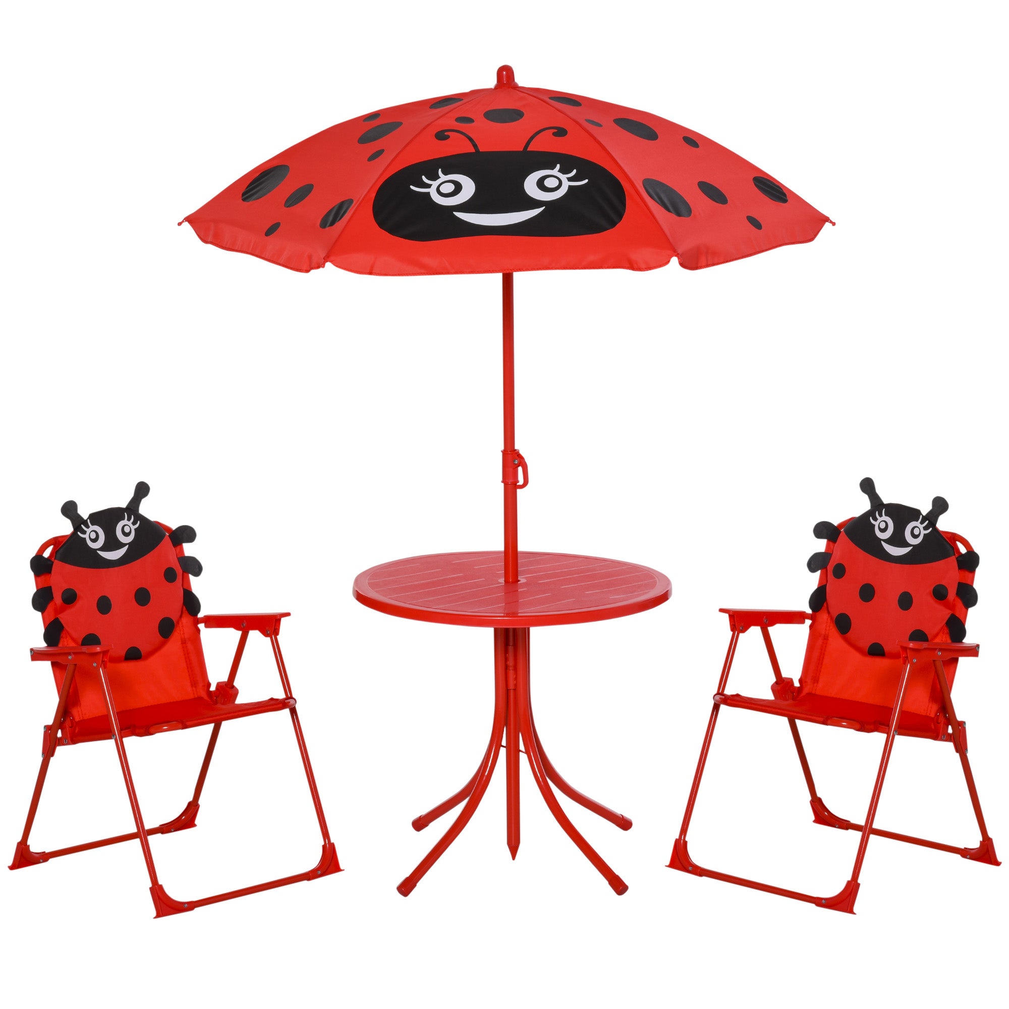 Outsunny Kinder Garten Tisch und Stühle Set - Picknick Klappset für Kinder mit verstellbarem Sonnenschirm von 100-125 cm Höhe im Design eines Marienkäfers