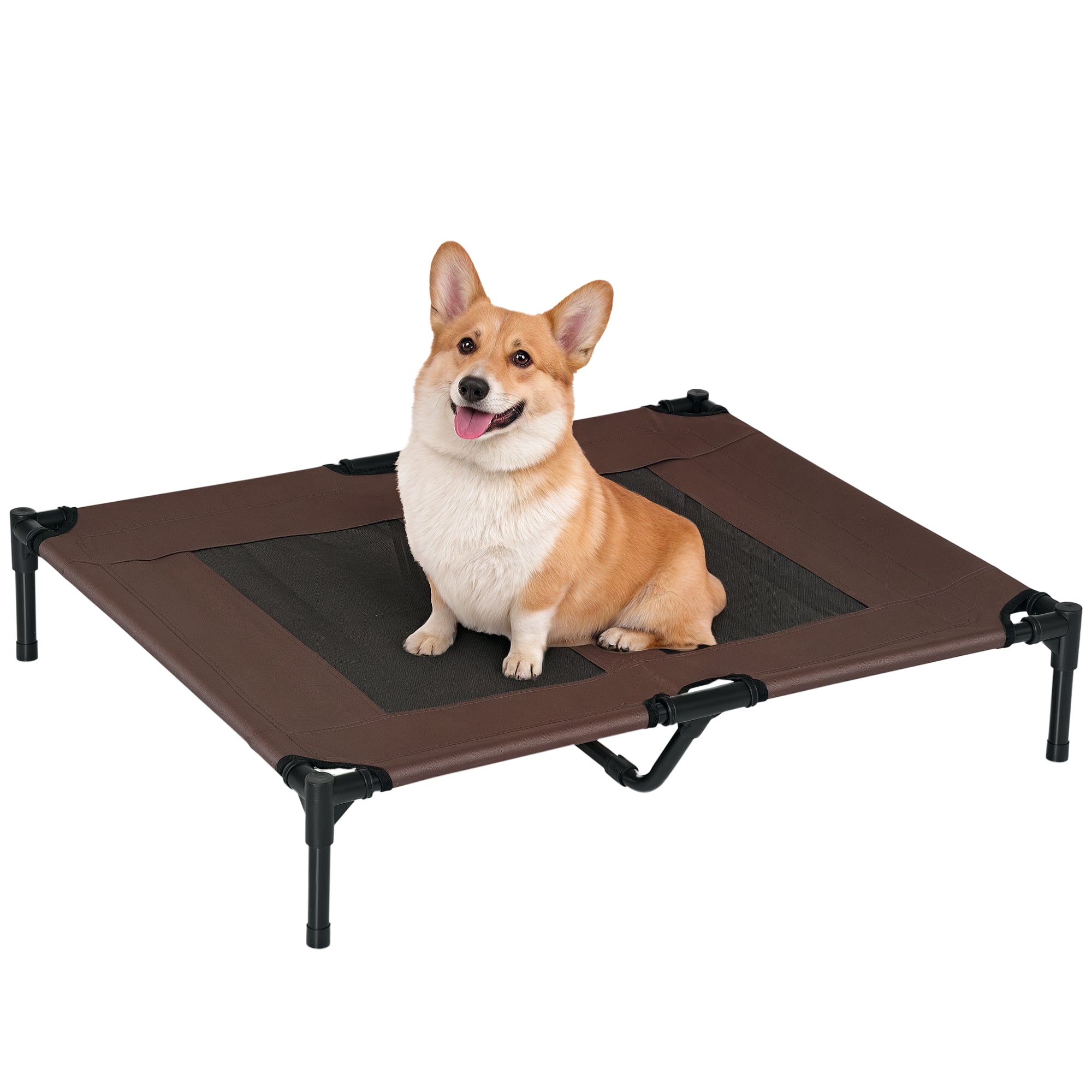 PawHut Support pour Chien d'Extérieur, Lit Réfrigérant pour Chiens Grands, Lit surélevé avec Cadre Métallique Robuste, Maille Respirante pour Jardin, 92 x 76 x 18 cm, Marron-Café