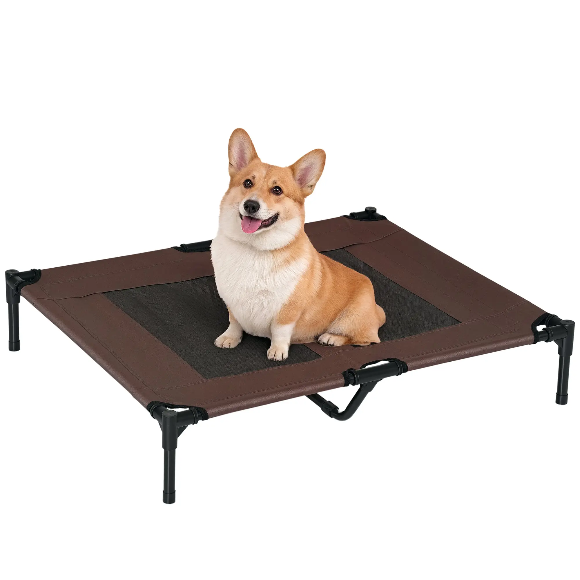 Dog Lounger Outdoor, Cooling Pet Bed for Large Dogs, Elevated Dog Bed Sleeping Place with Robust Metal Frame, Breathable Mesh for Garden Outdoor, 92 x 76 x 18 cm, Coffee-Brown