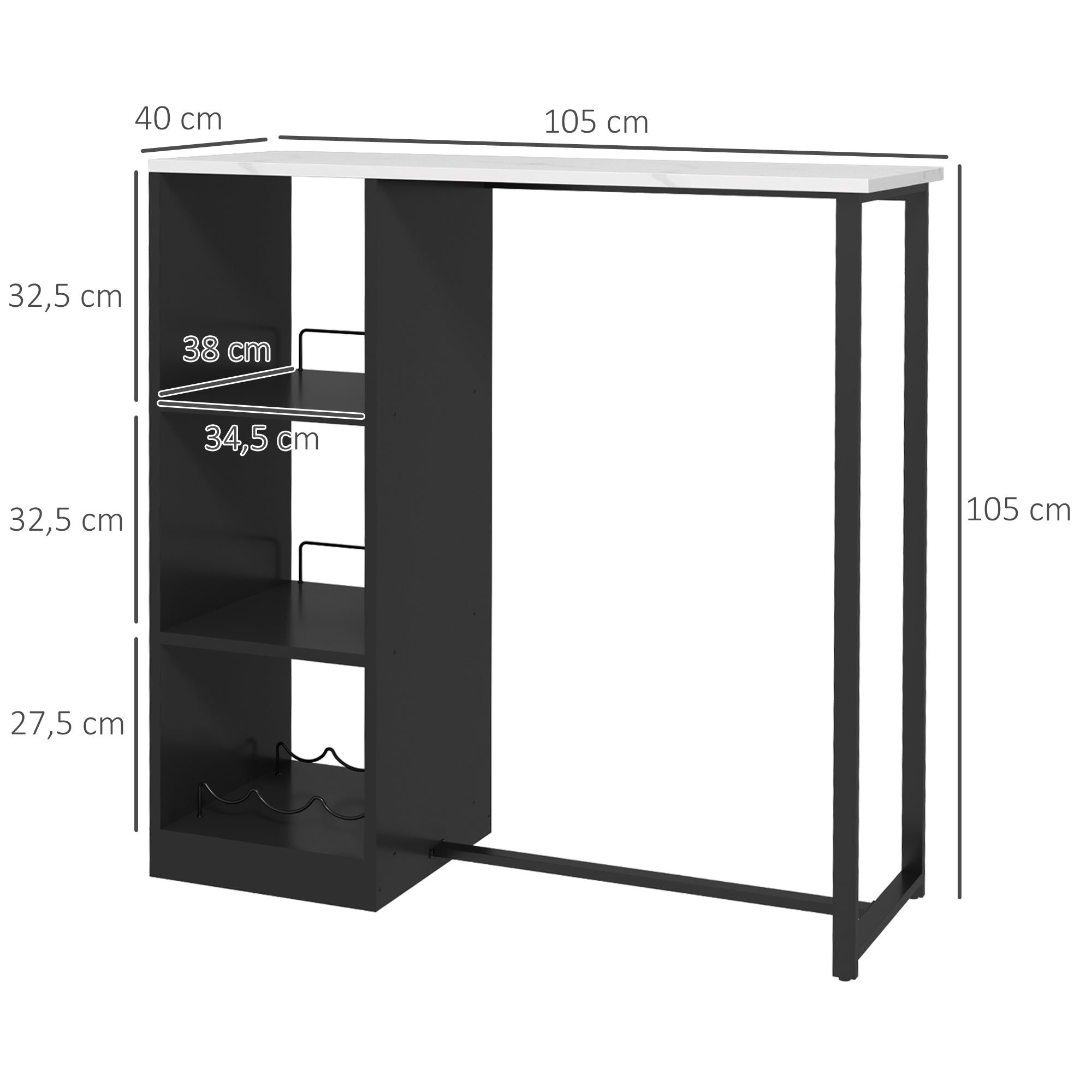 Bar Table High Kitchen Counter Table - Black Steel Frame White Marble-like Top - 105 x 40 x 105 cm White