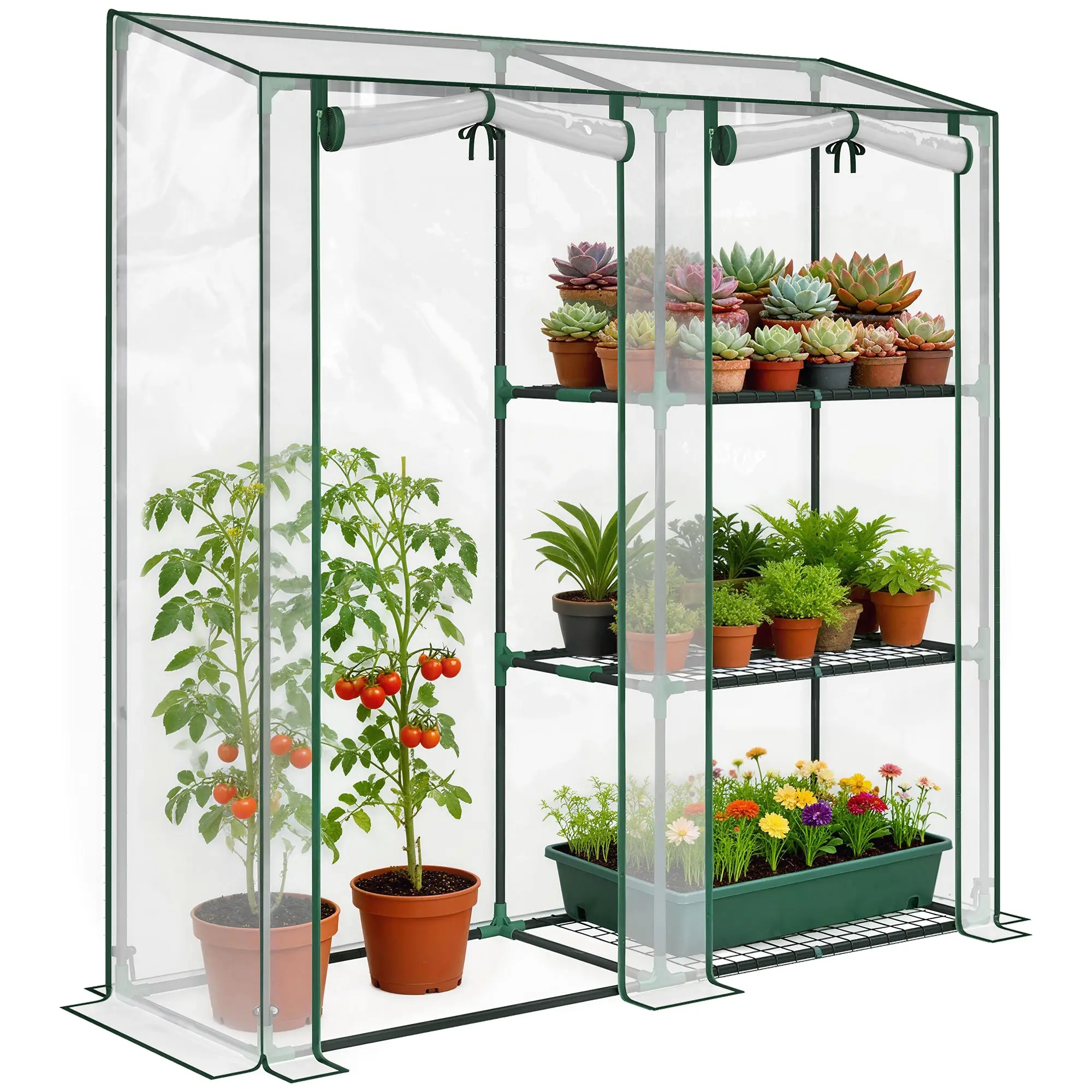 Mini Greenhouse — 3 Shelves, 2 Roll-Up Doors, Steel Frame with Clear UV-Resistant Cover, 56.3 x 17.7 x 59.4 in (143 x 45 x 151 cm)