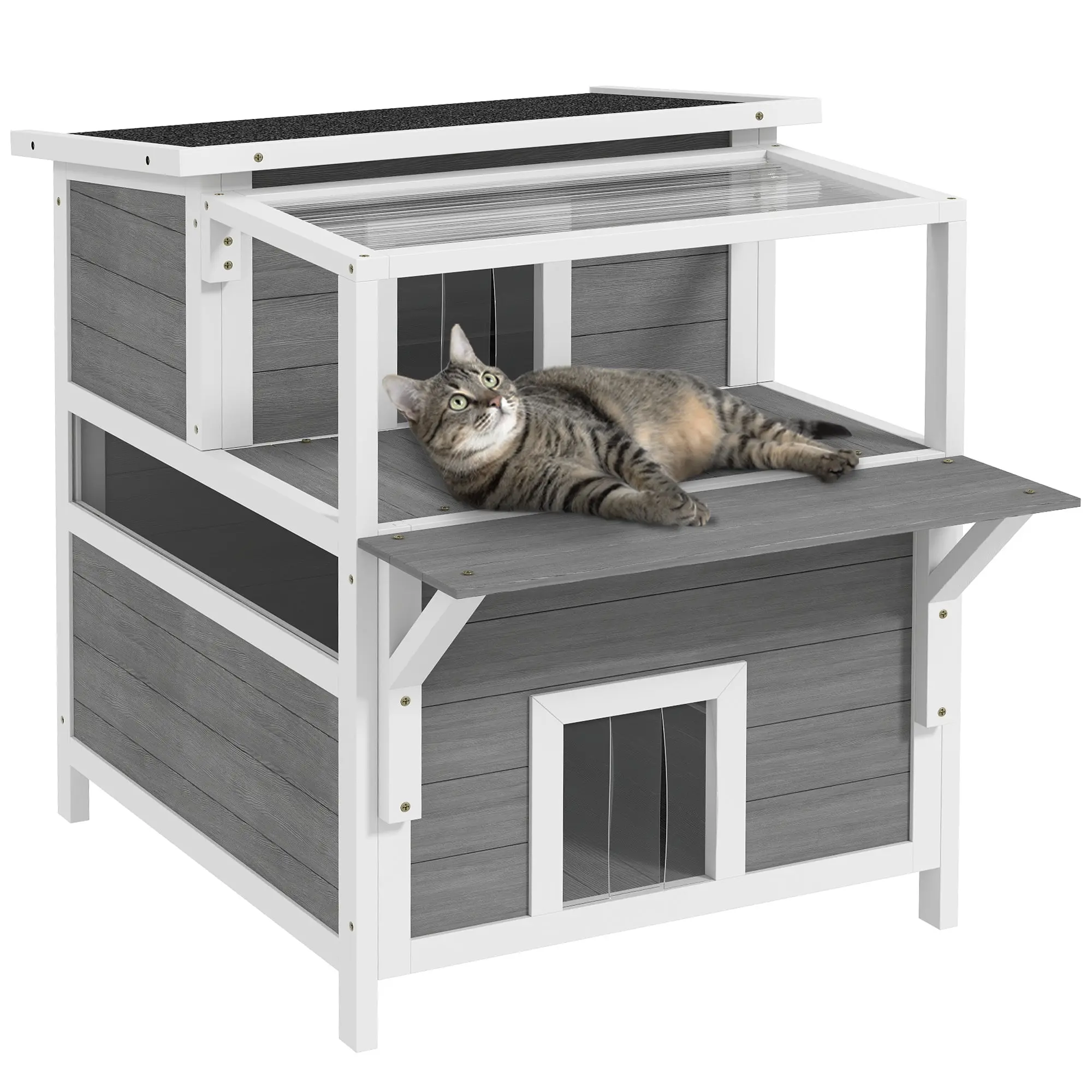 Outdoor Cat House, 2-Storey Wooden Cat Shelter with Covered Balcony, Lift-Top Roof, Multiple Entrances & Elevated Floor, 87 x 64 x 76 cm, Light Grey