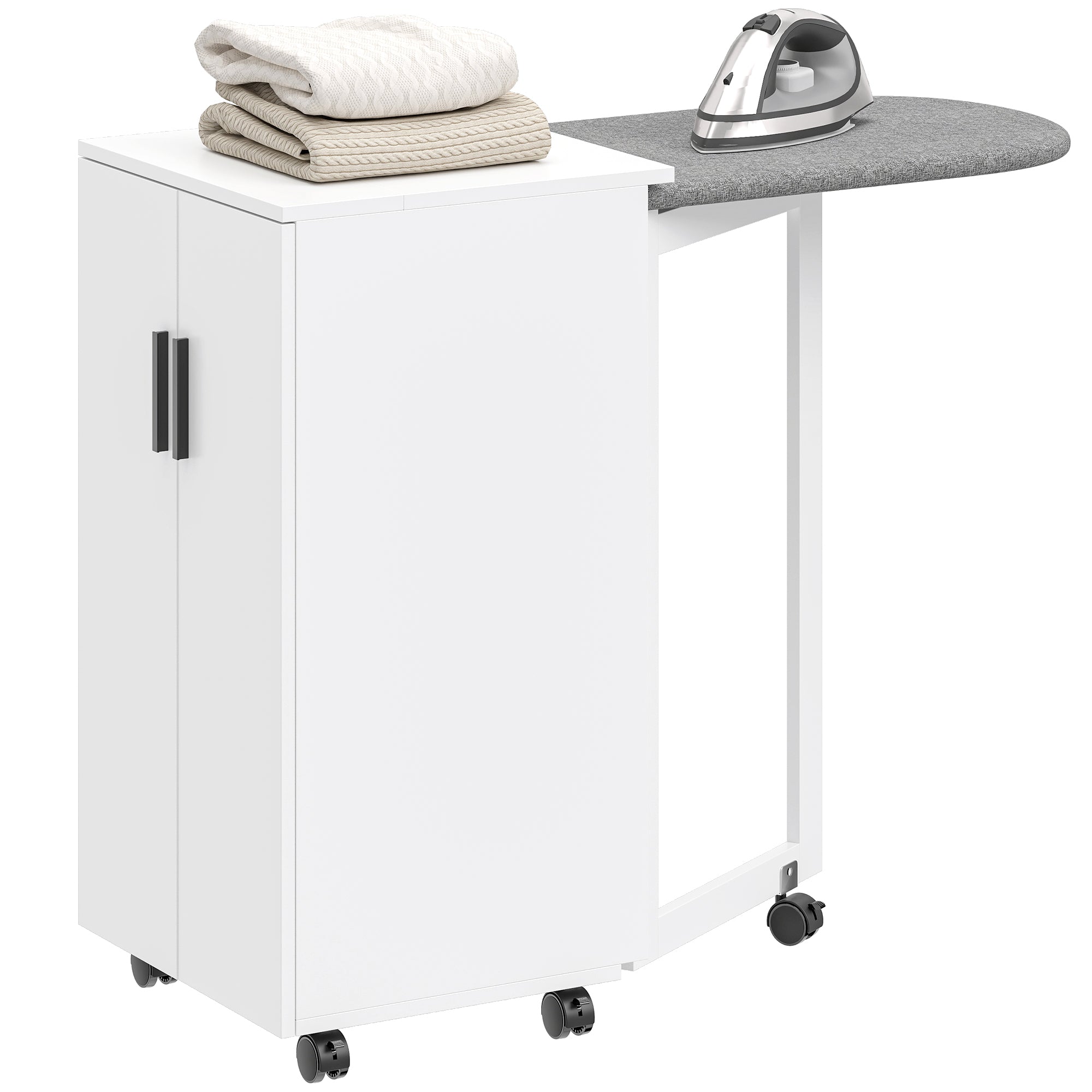 HOMCOM opklapbare strijkplankkast met 2 deuren en verstelbare planken — inklapbaar strijkstation met opbergruimte, zacht sluitende scharnieren, wielen, wit (99,5 x 43 x 83 cm)