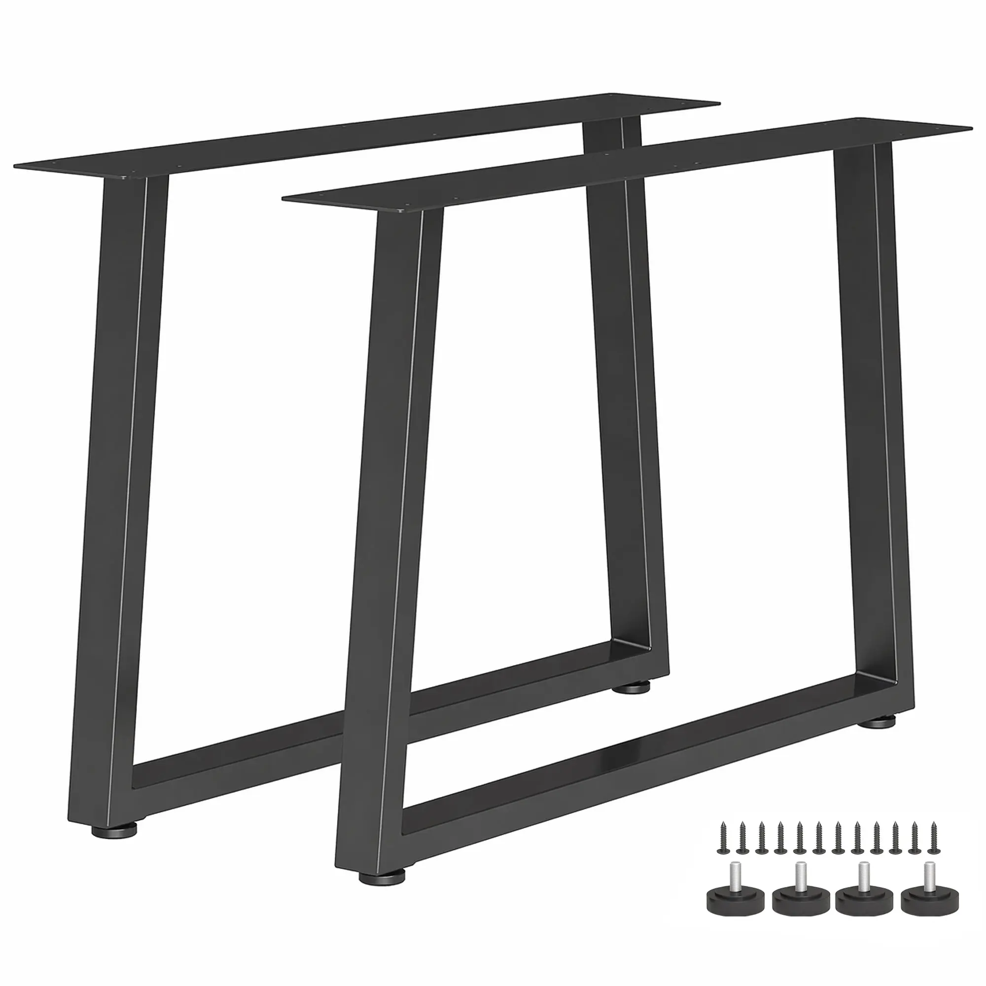Set of 2 Trapezoid Steel Table Legs with Mounting Hardware & Adjustable Feet, Industrial Style, 165 lb Capacity, 23.6 x 3.9 x 16.9 in, Black