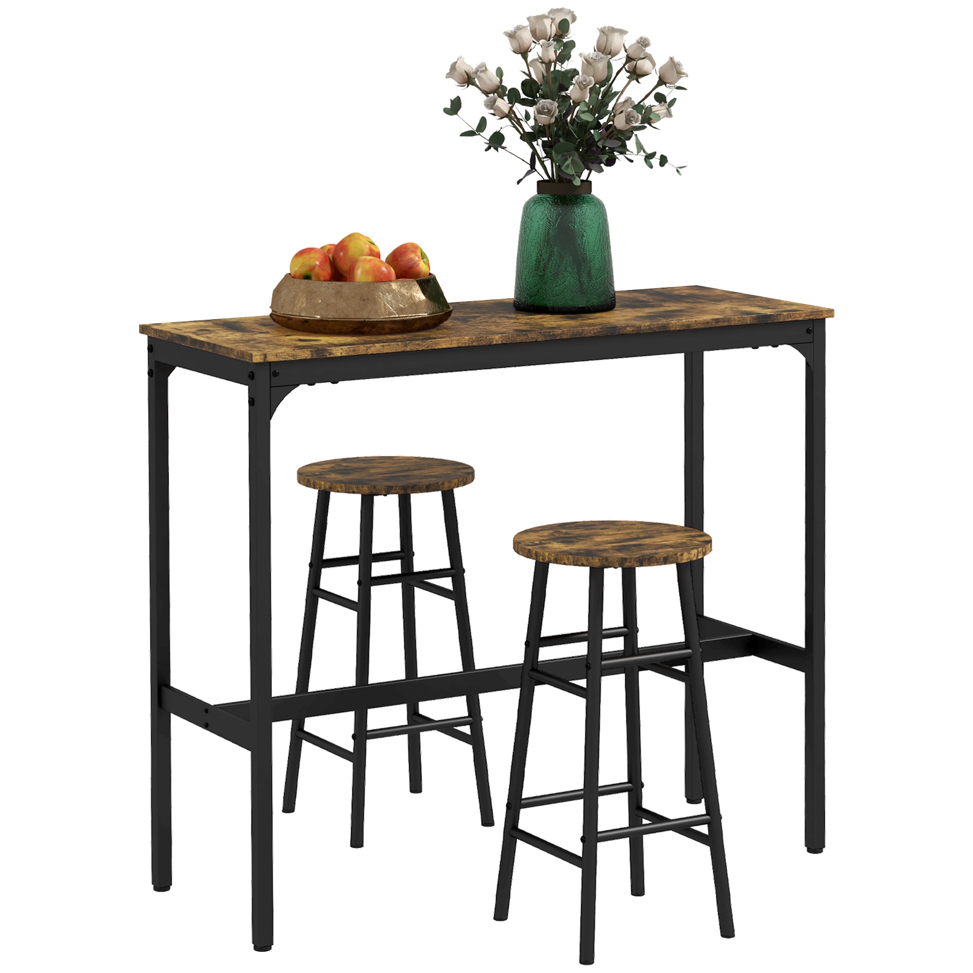 HOMCOM Bartisch Set Bartisch mit Barhocker Set für 2 Personen Esstisch mit 2 Barhocker mit Fußstützen, Küchentisch im Industrie-Design für Esszimmer, Küche, Rustikal-Braun