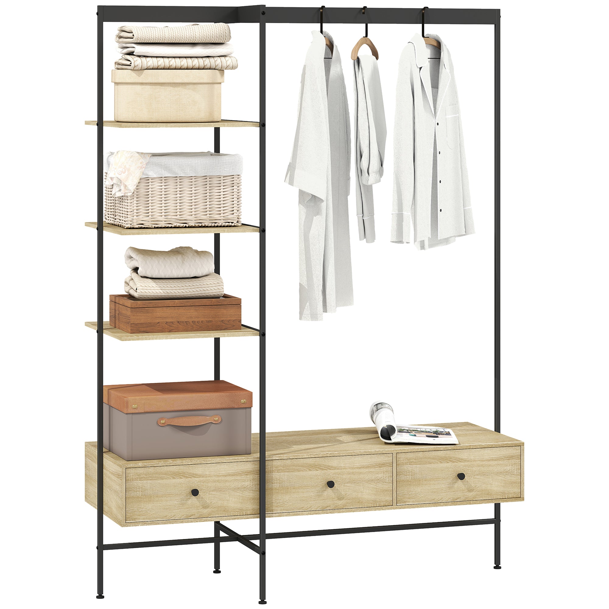 HOMCOM porte‑manteau 4‑en‑1 autoportant avec étagères, tiroirs et tringle — finition chêne, structure métal, anti‑basculement (180 cm)
