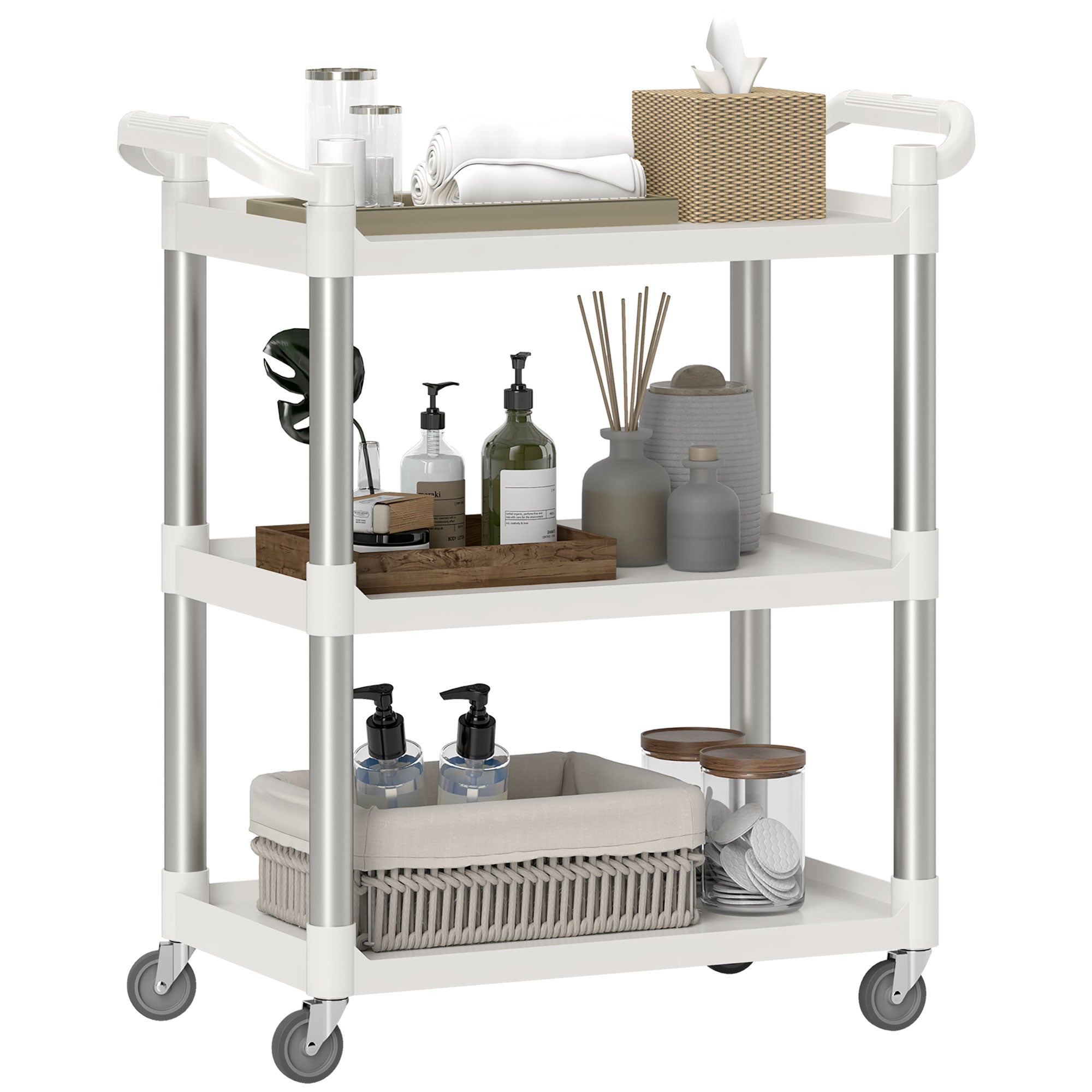 HOMCOM 3-stufiger Aluminiumlegierung Wagen mit Rollen, Küchenlagerwagen, 105 kg Tragfähigkeit für Esszimmer und Badezimmer, 88x44x93 cm, Weiß