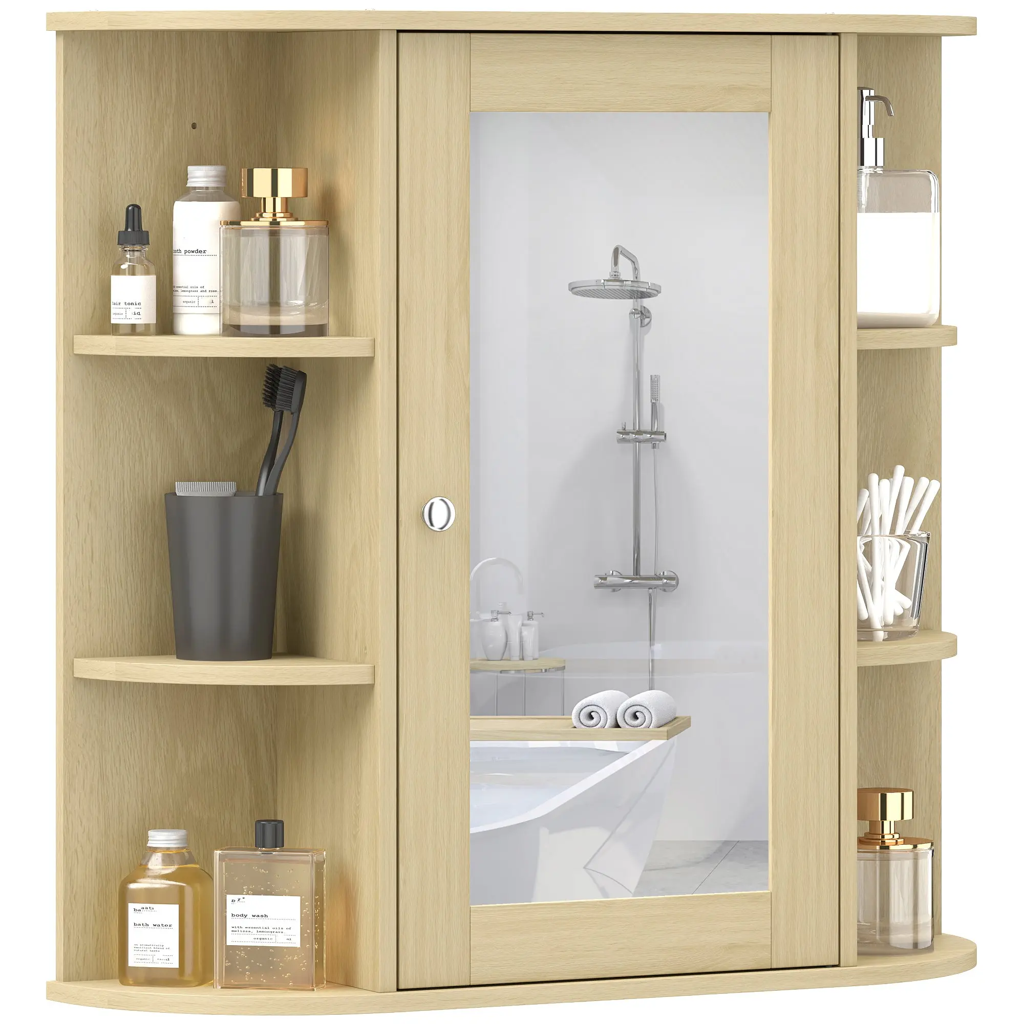 Wall-Mounted Bathroom Cabinet with Mirror — Wall Storage Cabinet with Door & Open Shelves, Space-Saving Vanity for Bathroom, Kitchen or Living, 26 x 6.7 x 24.8 in, Natural