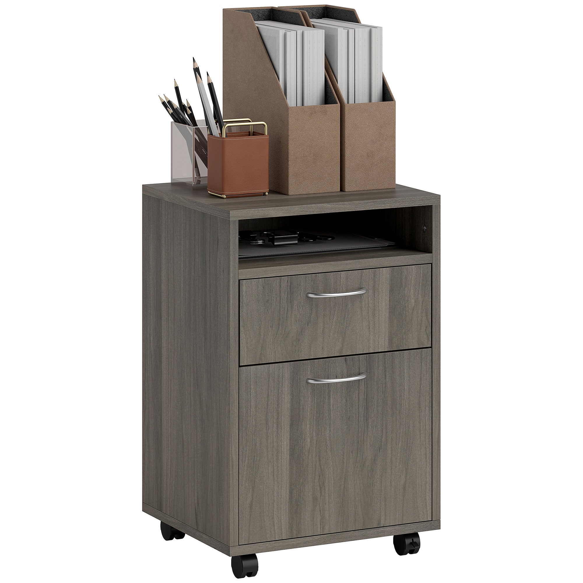 HOMCOM Büro-Aktienschaf mat Schublad, Schaf, Rollen mat Bremsen & oppent Regal — Plaz fir A4/Letter/Legal, 40 × 35 × 60 cm, griis