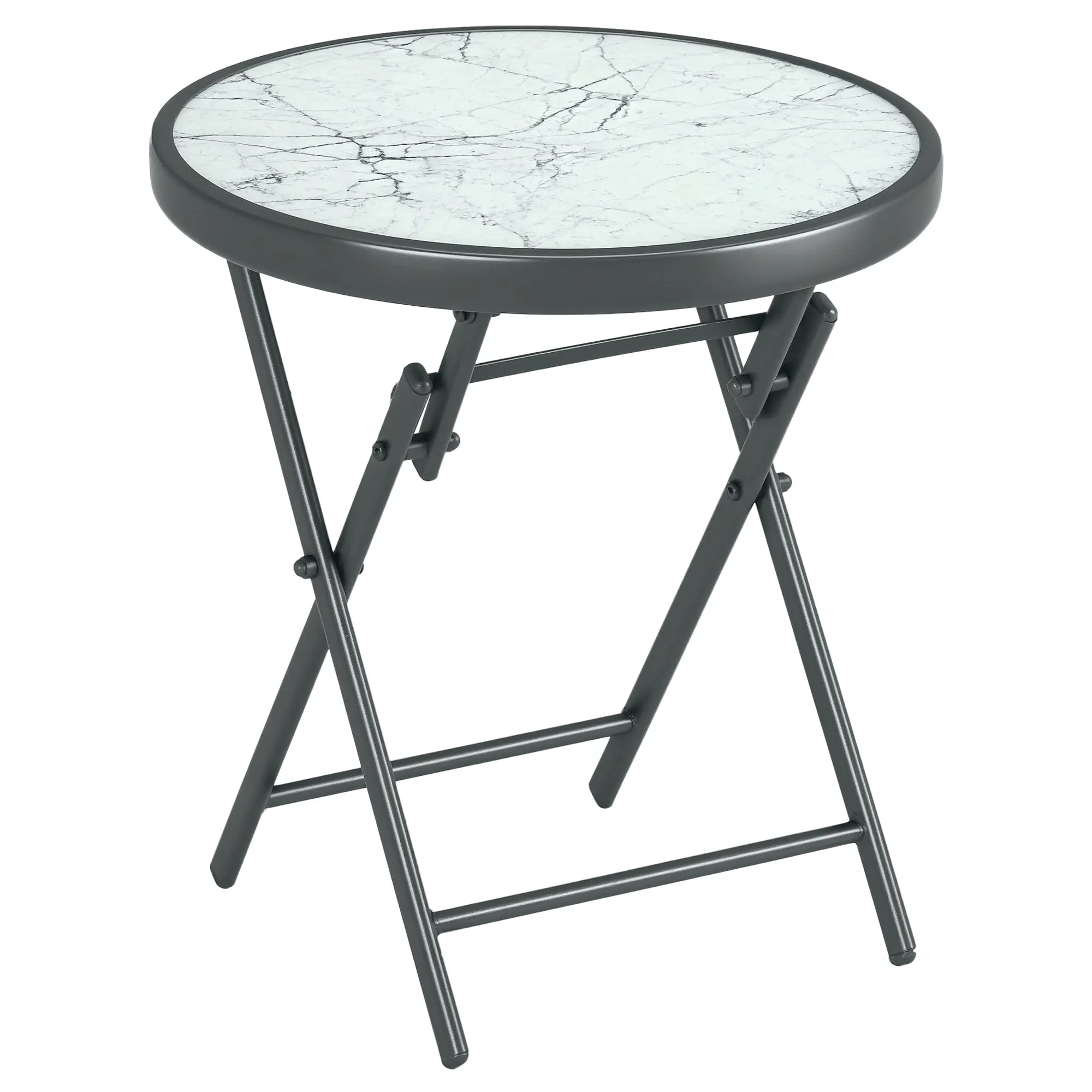 Folding Side Table, Glass Folding Table with Marble Effect, Small Camping Table, Round Coffee Table Balcony Table for Balcony Terrace Living Room Office, 45 x 45 x 50 cm, White