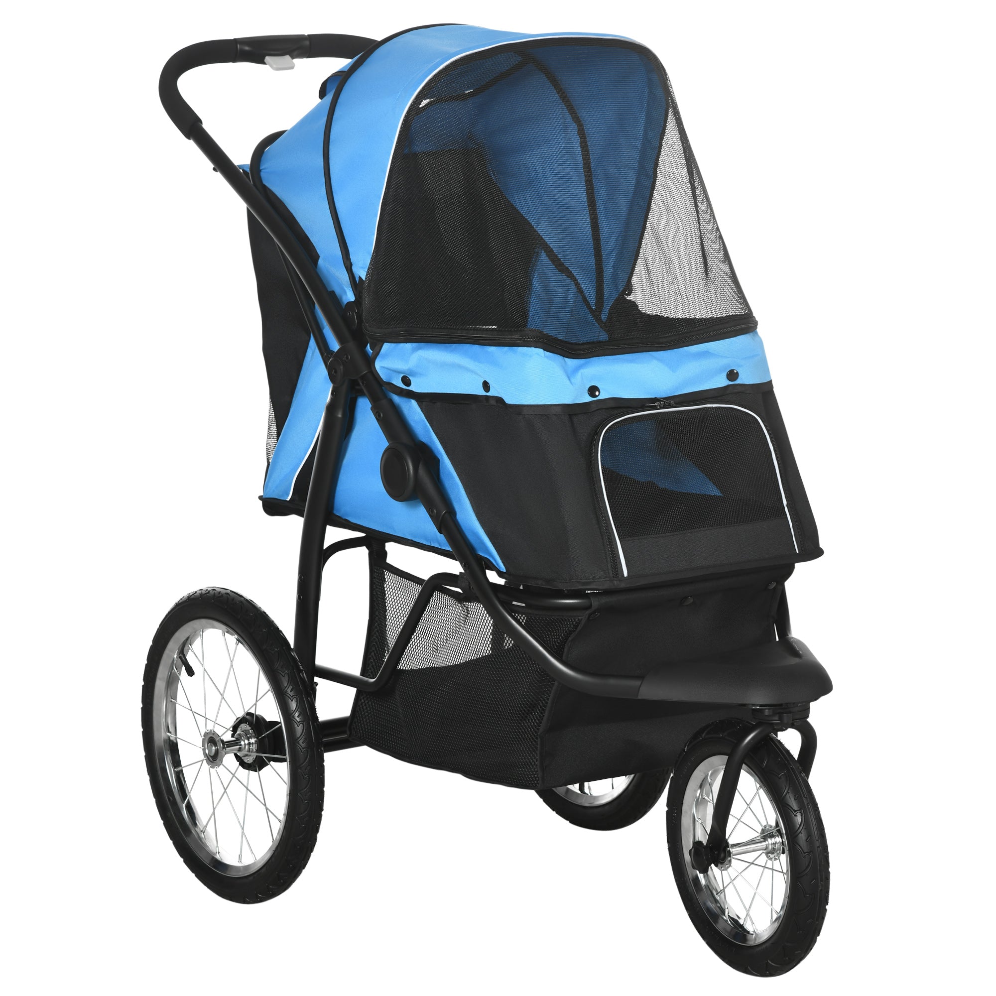Dog Cart Dog Buggy Foldable for Dogs & Cats up to 20 kg Cat Buggy with All-Terrain Rubber Wheels Cushion Mesh Windows Doors Cat Cart with Storage Basket Buggy Blue