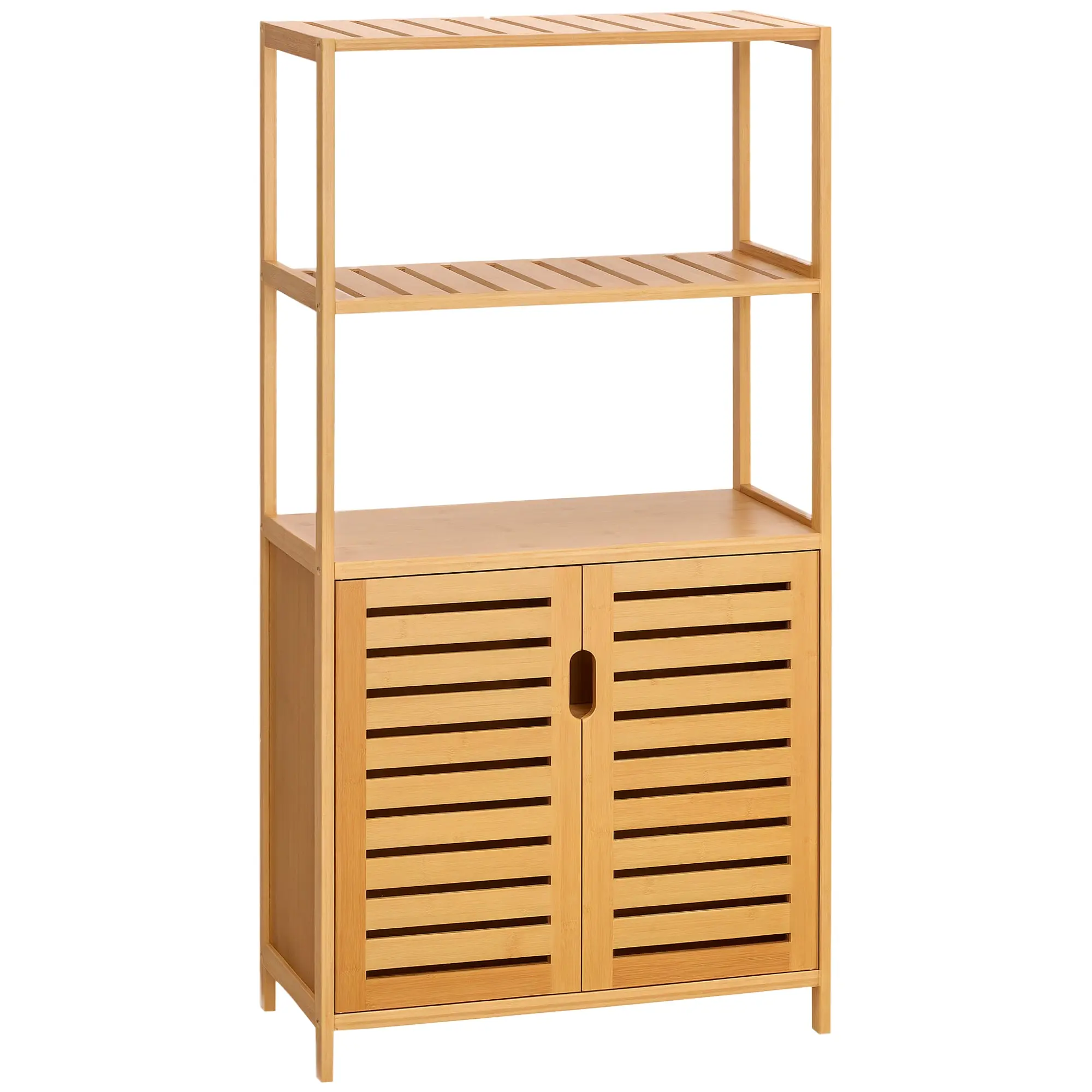 Bathroom Cabinet with 2 Open Shelves and 2-Door Cabinet, Space Saving Bamboo Cabinet 60x30x120cm, Natural