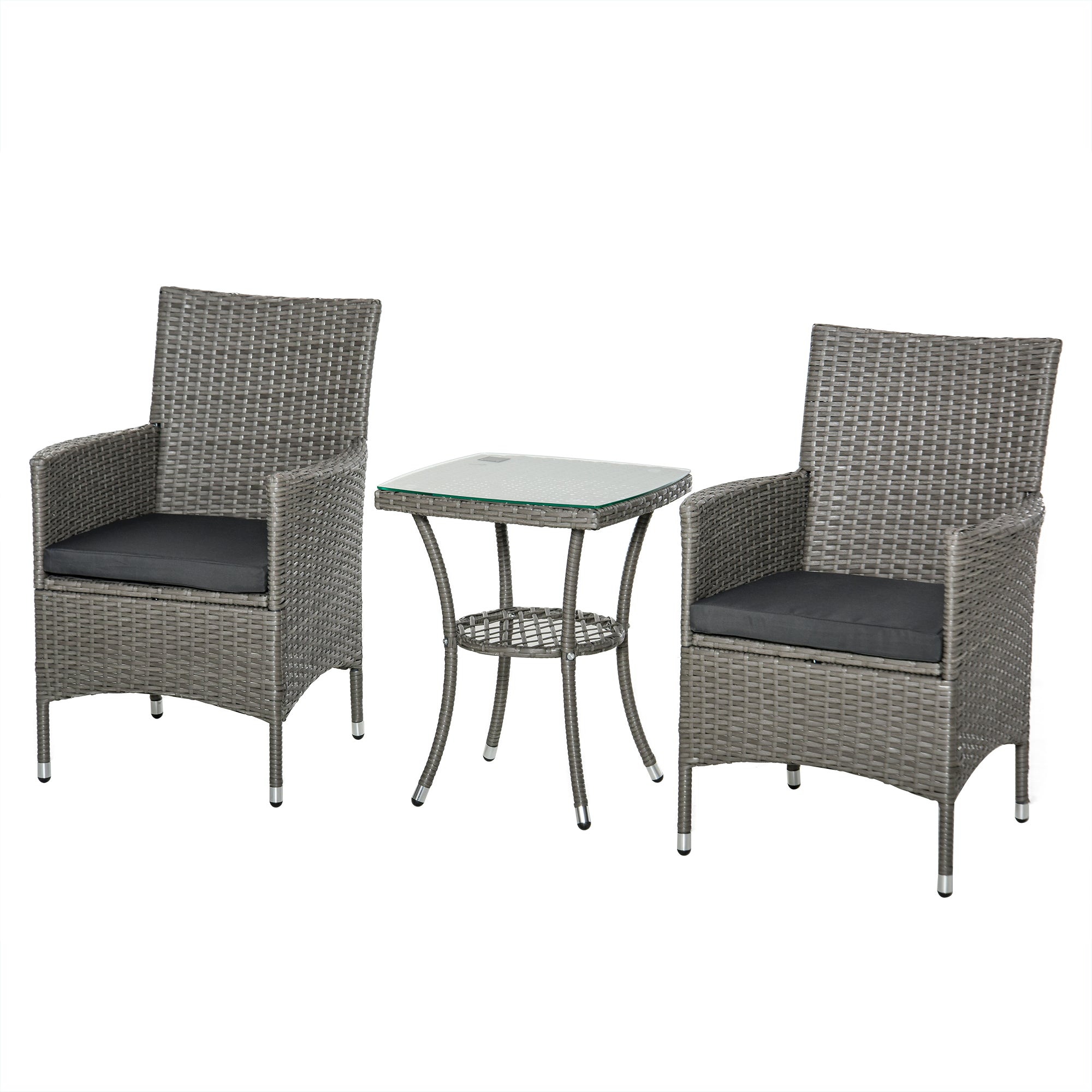 Outsunny Poly Rattan Trädgårdsmöbelset, Utomhus Lounge Balkongmöbler för 2 personer, 3-delad Sitgrupp, 2 Stolar, Bord, Sittkuddar, Trädgårdslounge för Trädgård, Terrass, Balkong, Grå