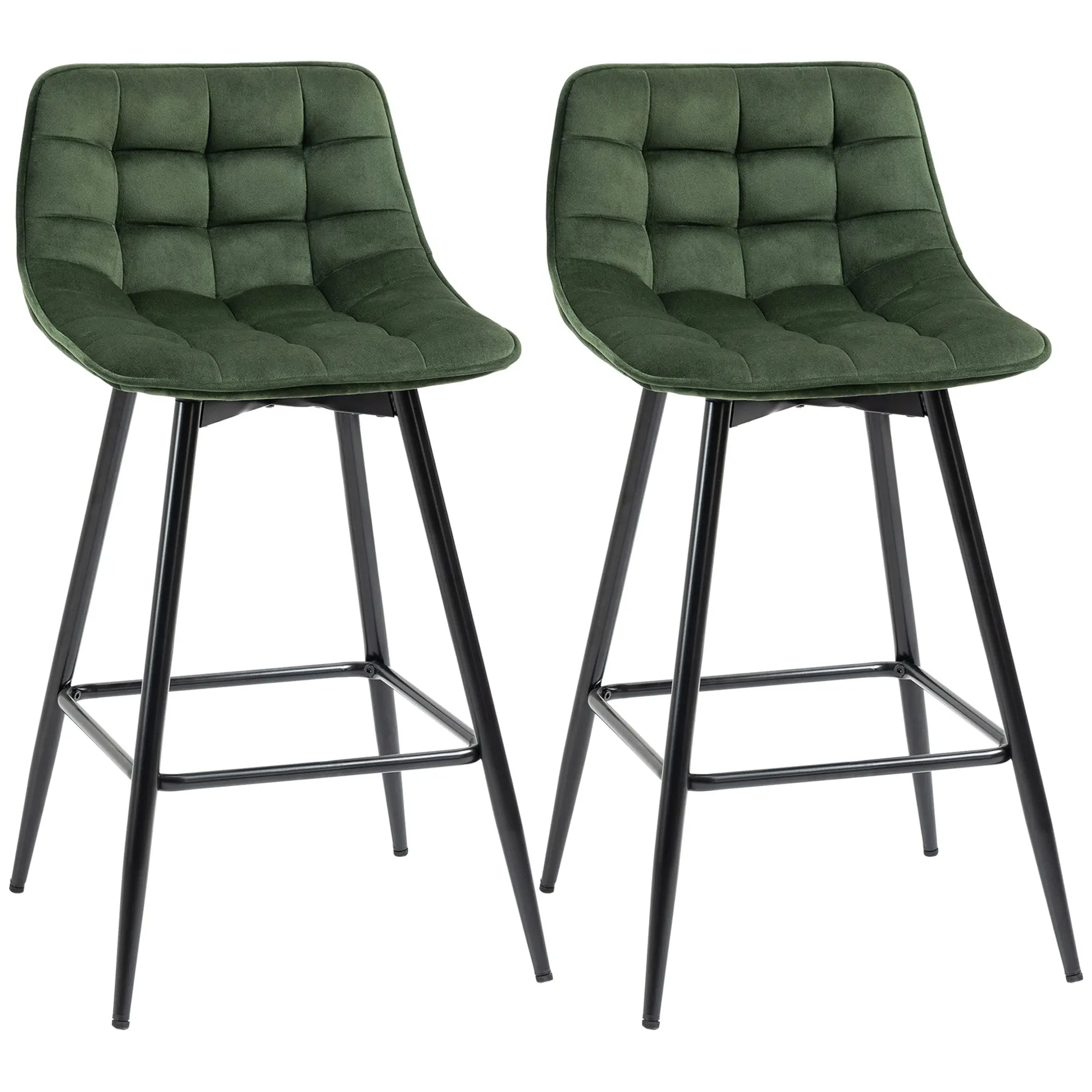 Set of 2 High Stools in Nordic Style with Backrest and Footrest, Stools with Velvet Effect Fabric and Metal, 45x47x84 cm, Green