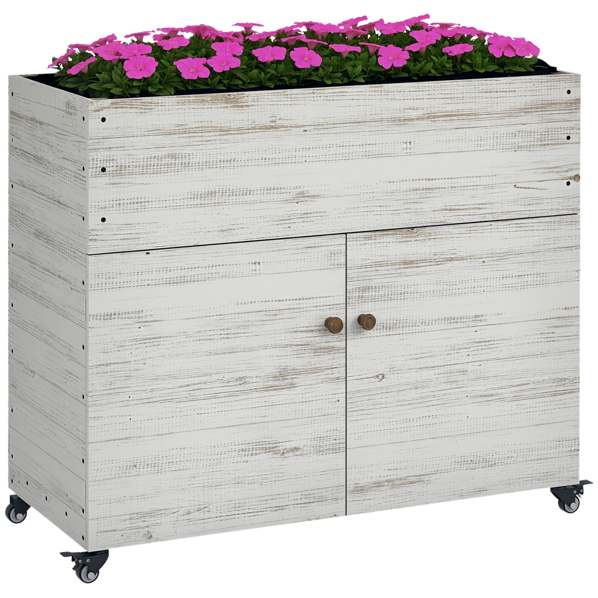 Wooden Raised Bed with Cabinet Compartment, Herb Bed with Wheels, Plant Box, Flower Box with Fleece for Garden, Balcony, 110 x 50 x 95 cm, White