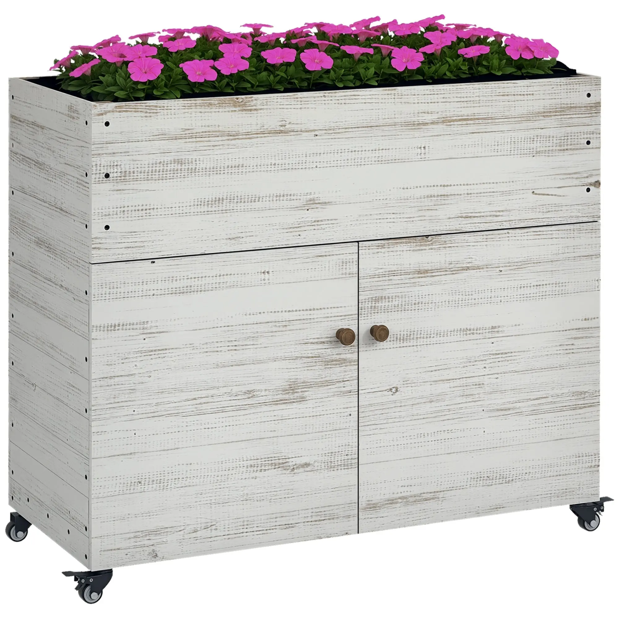 Wooden Raised Bed with Cabinet Compartment, Herb Bed with Wheels, Plant Box, Flower Box with Fleece for Garden, Balcony, 110 x 50 x 95 cm, White