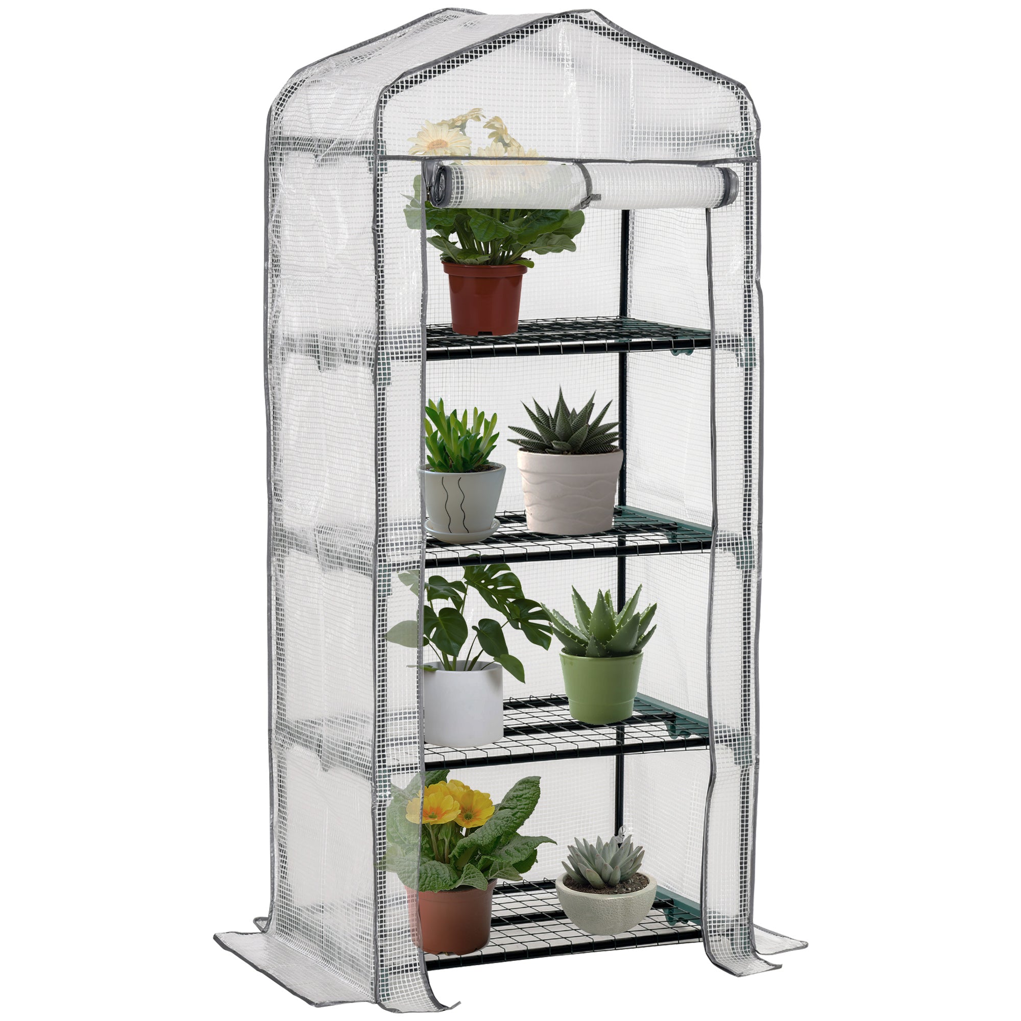 Outsunny minikasvuhoone riiulitega, PVC-katte ja keritava uksega — talvekindel tomatimaja rõdule ja aeda, 70 x 50 x 160 cm — valge