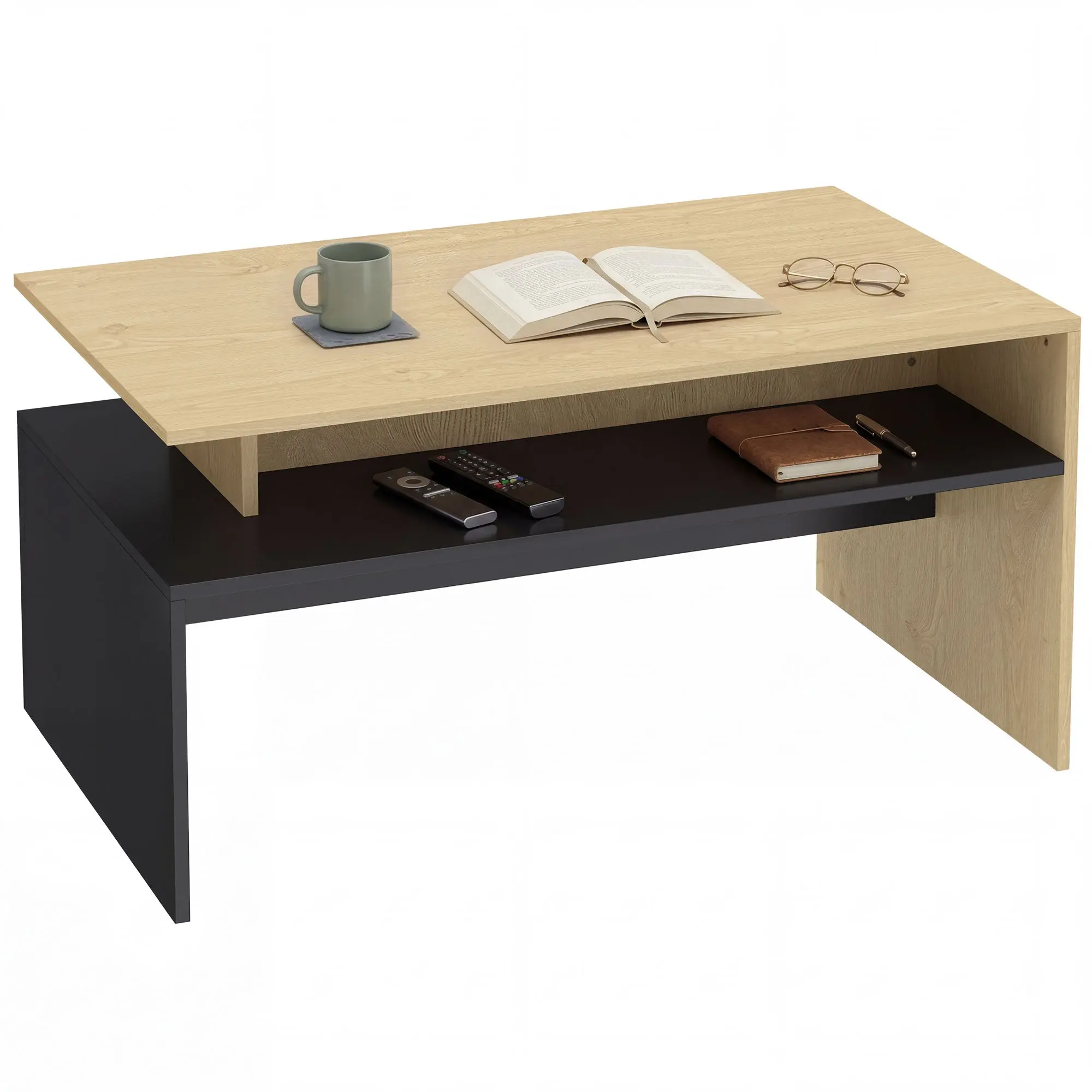 Rectangular Coffee Table, Modern Two-Tone Staggered Design with Storage Shelf, 95 x 55 x 50 cm (37.4 x 21.7 x 19.7 in), Natural Wood & Black