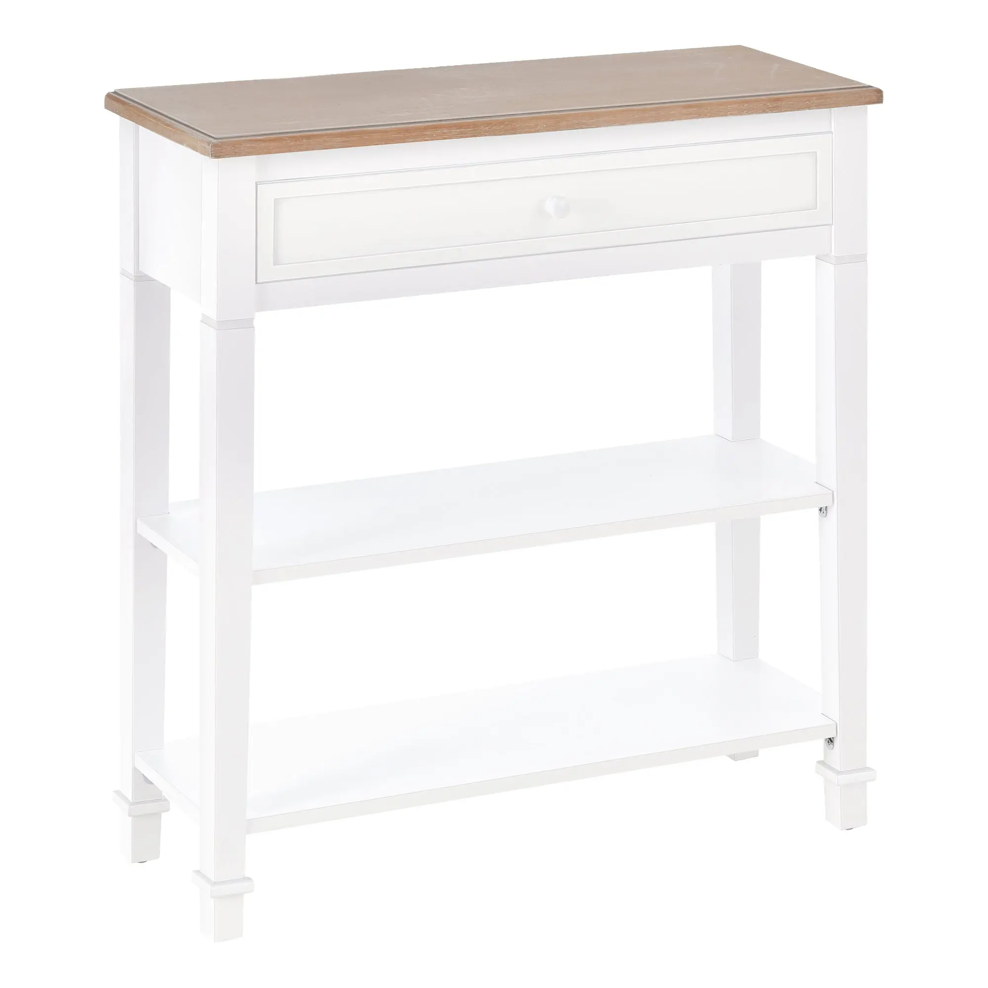 Multifunctional Console Table Side Table for Hallway Dining Room with 2 Shelves 1 Removable Drawer Retro Style Handle Pine 75.6x27.5x80.5 cm Natural Wood White