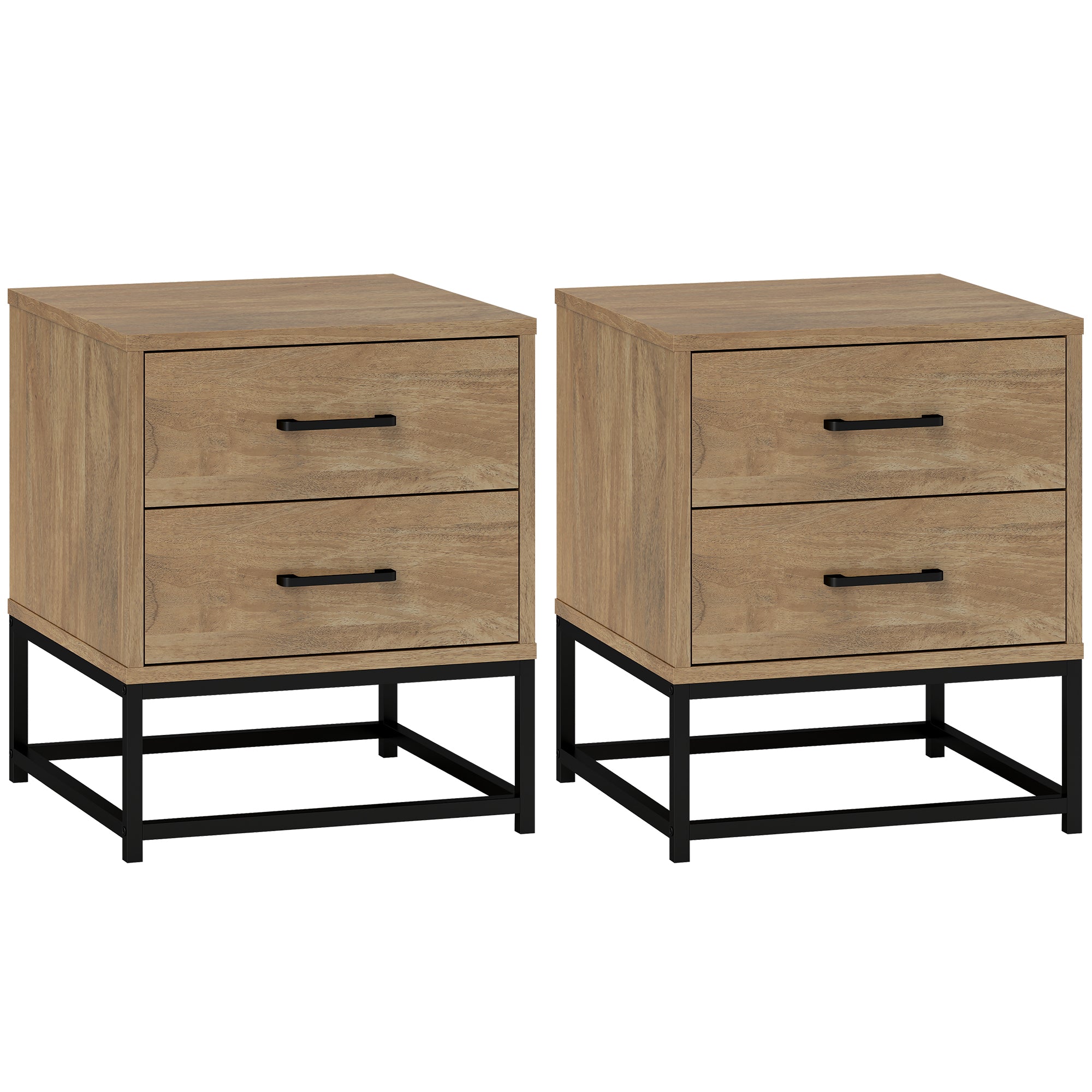 HOMCOM Bedside Table Set of 2 Nightstand with 2 Drawers Industrial Bedside Cabinet Small Side Table for Bedroom Living Room Wood Effect with Steel Frame 40 x 39.5 x 48 cm