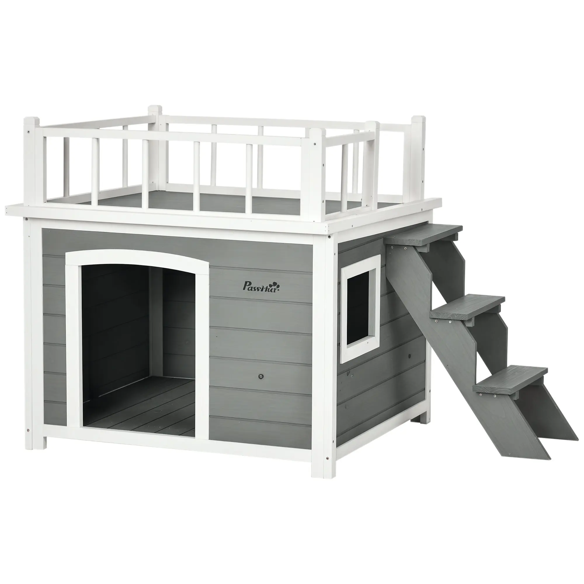 Dog House with Balcony, Elevated Pet House with Stairs, Window, Dog Cave for Small to Large Dogs, Made of Pine Wood, Light Grey, 121 x 77 x 78 cm