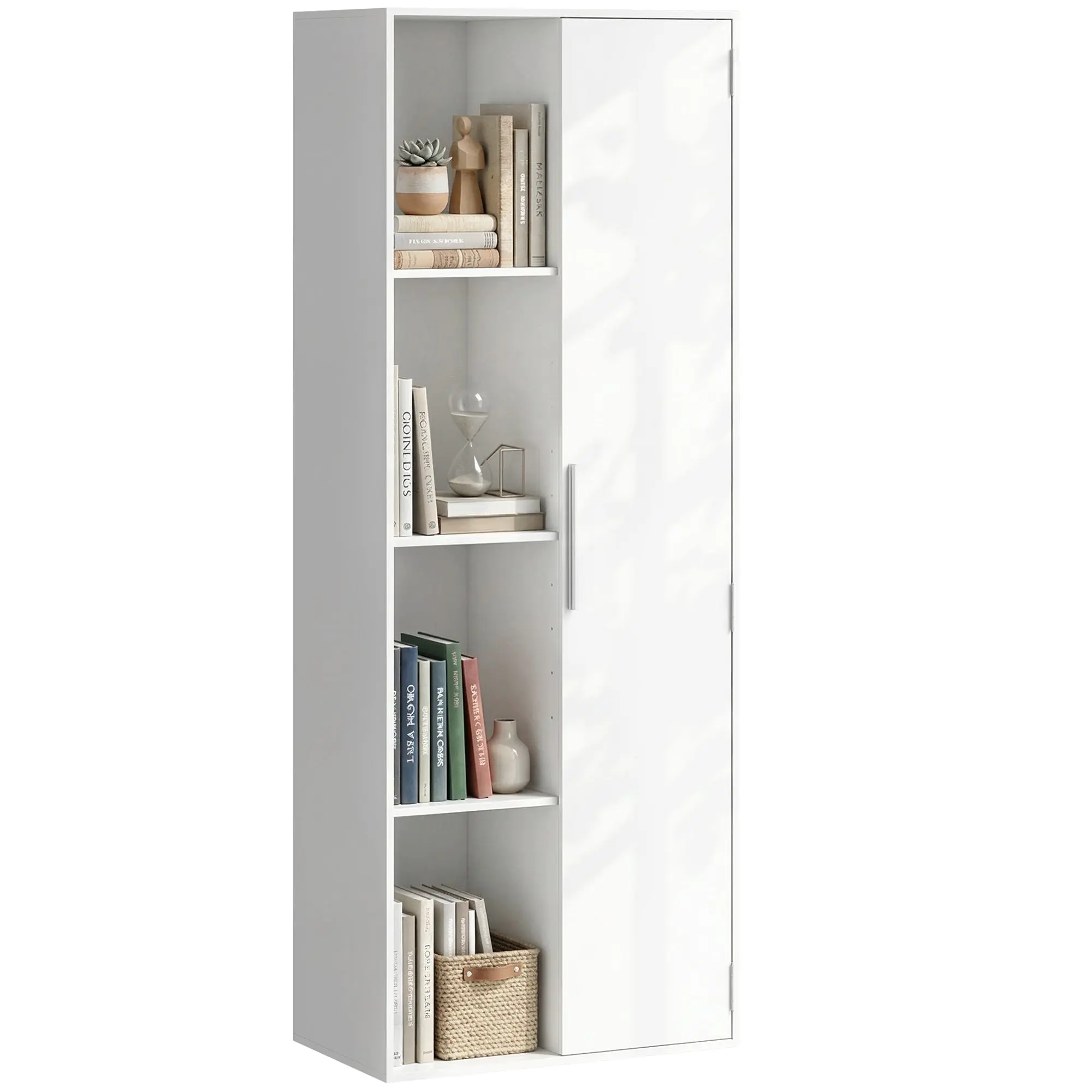 7-Tier Bookcase with Door, 4 Open Shelves & Adjustable Shelves — Modern Free-Standing Shelf 23.6 x 13.8 x 63 in (60 x 35 x 160 cm) — White