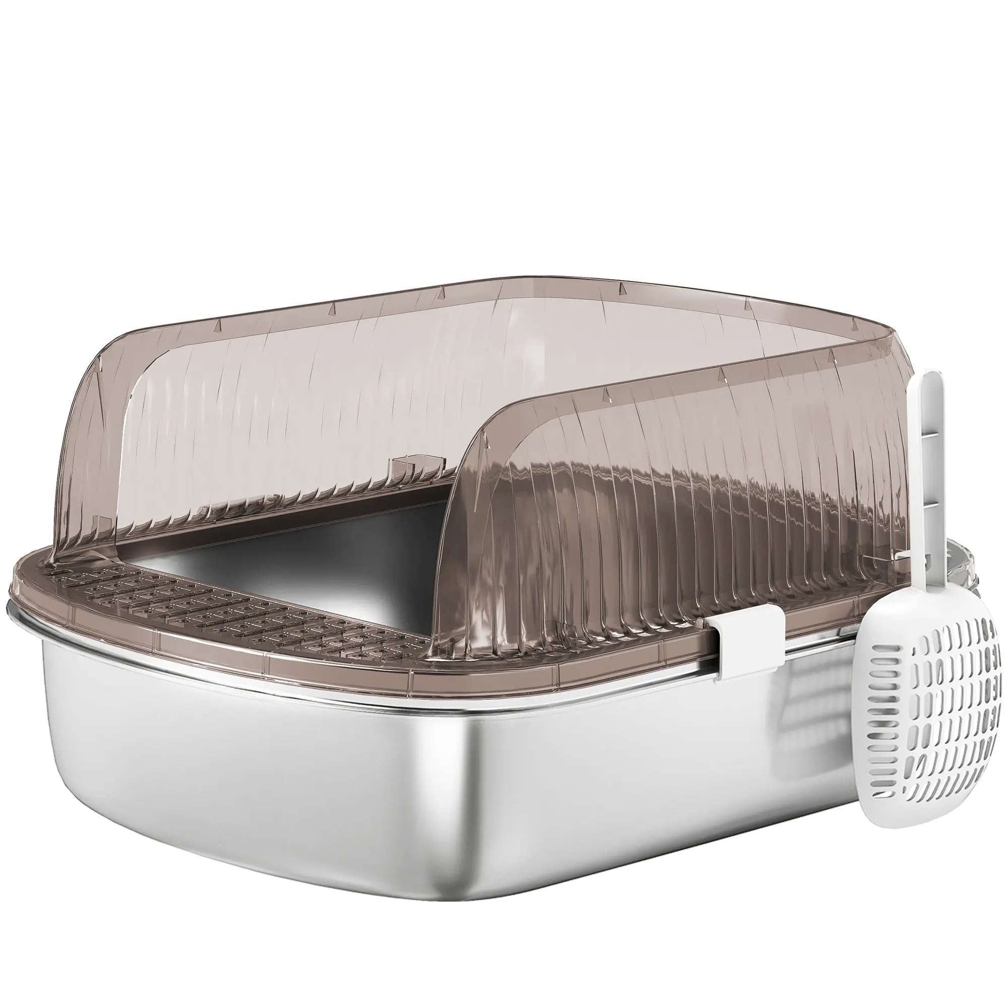 Extra Large Covered Cat Litter Box with Stainless Steel Tray High Sides Scoop and Odorless Sand Falling Area Easy Cleaning for Large Cats Charcoal Gray