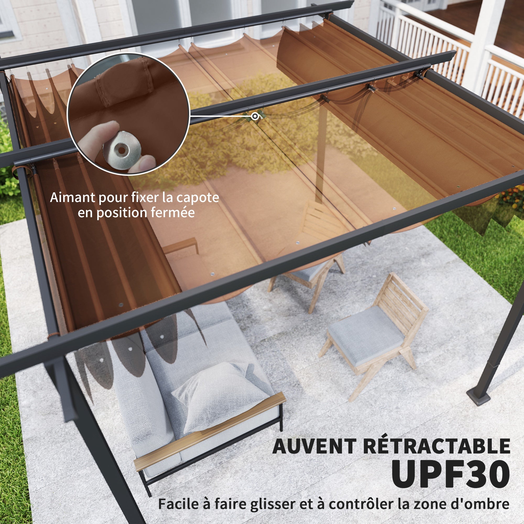 Pergola Κήπου Outsunny 3 x 3m με Ανακλινόμενο Καπό, Υψηλής Διεισδυτικότητας 180g/m² Πολυεστέρας, Υπέροχη Κατασκευή, UPF30+ Προστασία από τον Ήλιο, Ιδανική για Βεράντα, Patio, Αυλή, Καφέ