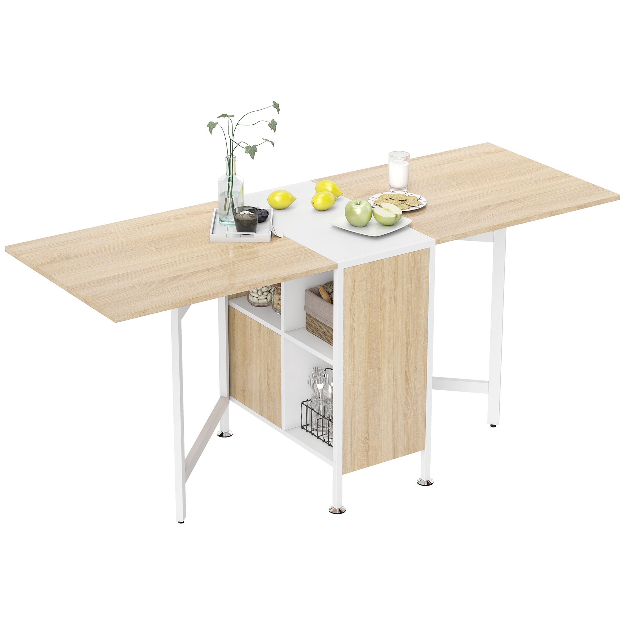 HOMCOM Saliekamais Galda Galda Blakus Galdiņi Plaukts Dzīvojamai Istabai Virtuvei Ozola Koks Metāla Rāmis Dabiski+Balts 169 x 60 x 75 cm