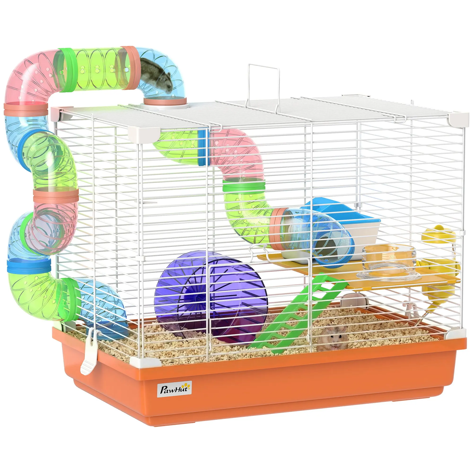 Hamster Cage — Multi-Level Small Pet Home with Tunnel, Wheel, House, Ramp, Bowl & Water Bottle, Removable Tray, for Mice & Gerbils, 14.6 x 18.1 x 11.8 in (Orange)