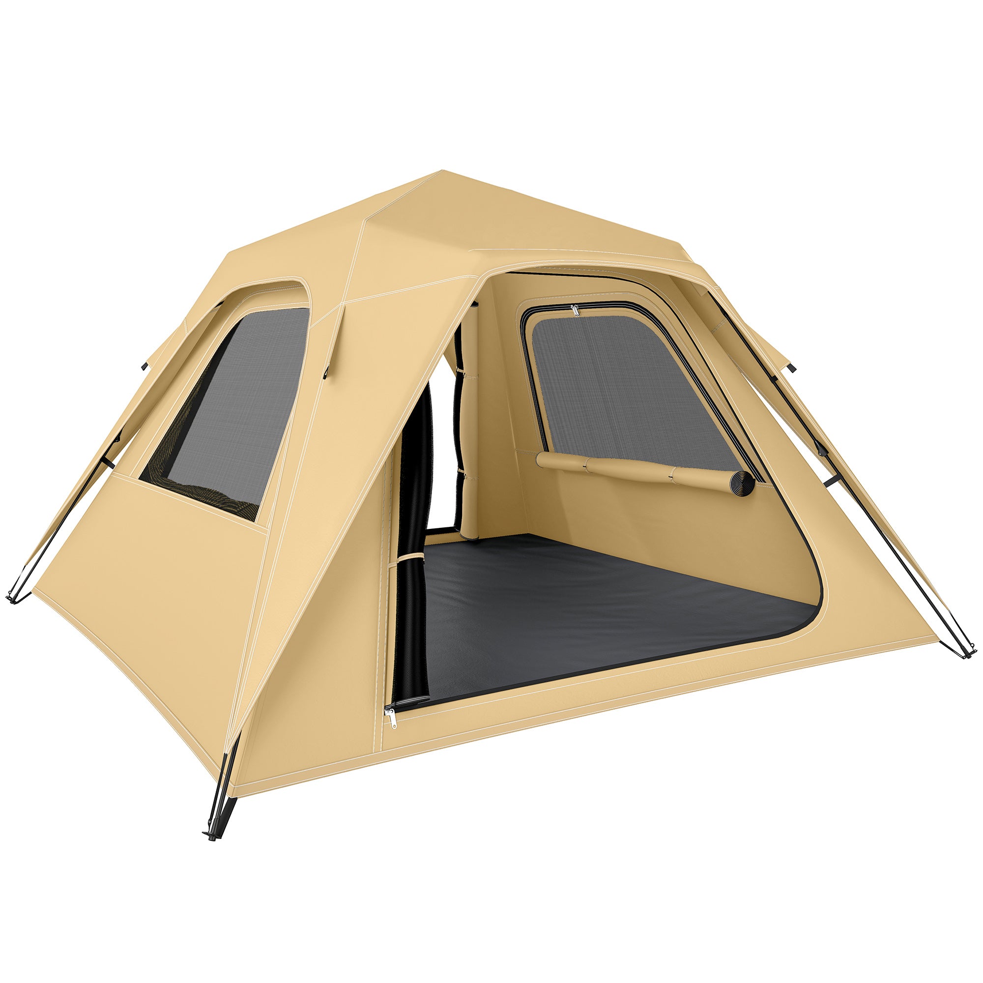 Outsunny direkt opzebauendes Pop-up-Familljezelt mat Moskitonet-Fënsteren & Transporttasche, 3000 mm Waassersäule, UPF50+ – 3–4 Persounen, Khaki