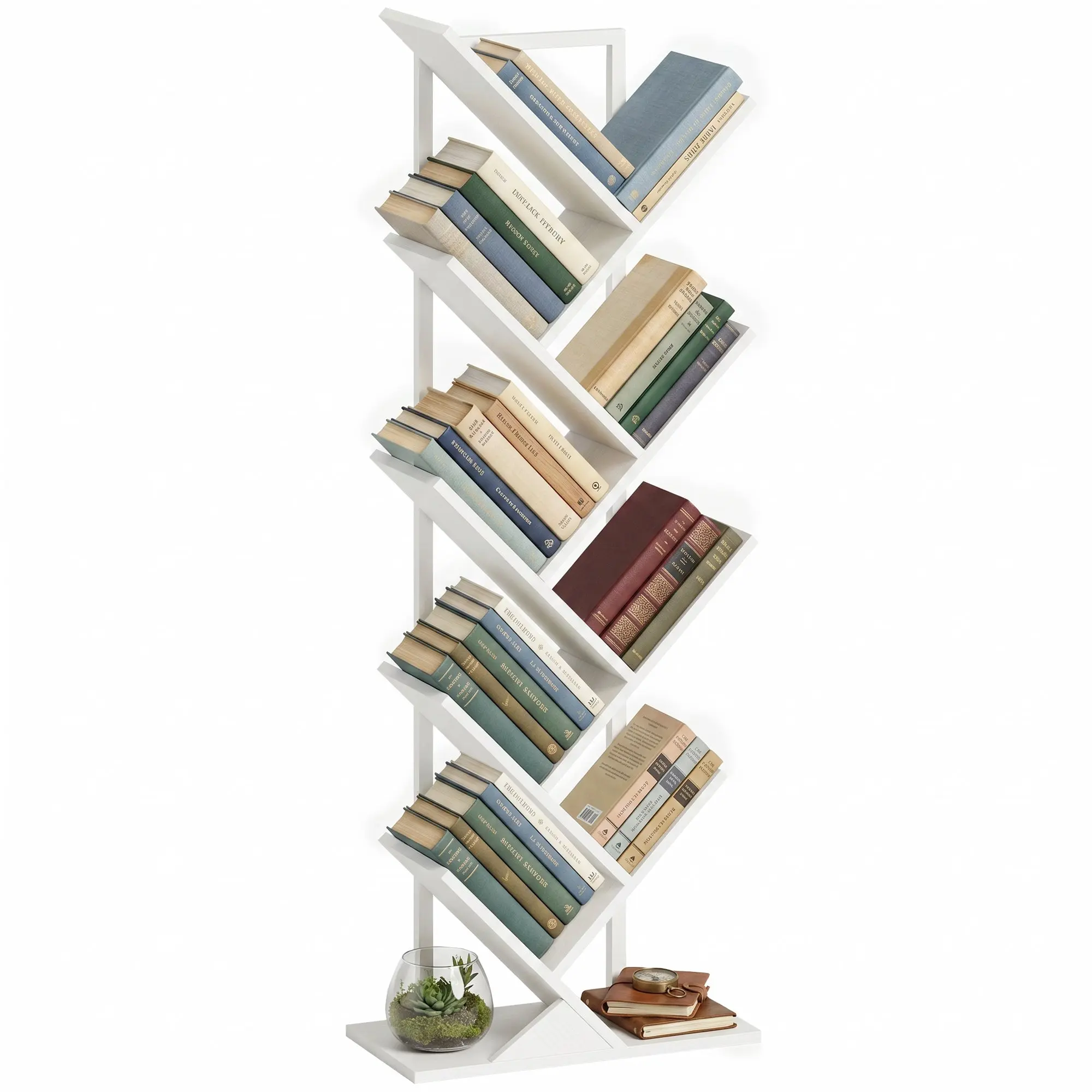Tree Bookshelf, 9-Tier Tree-Shaped Bookcase, Narrow Book Shelf with Steel Frame, Anti-Tip Kit for Living Room, Bedroom, Home Office, White, 50 x 24 x 136 cm