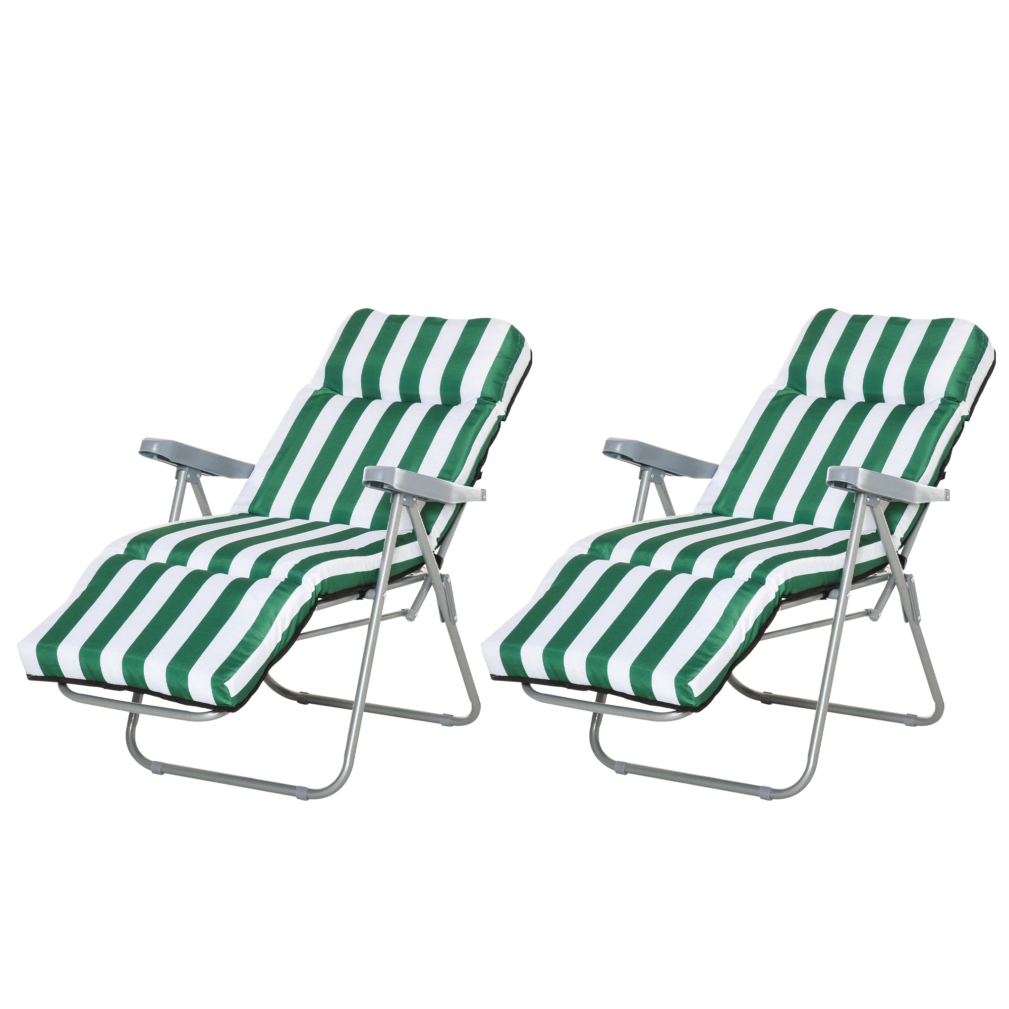 Set of 2 Adjustable Folding Sun Lounger Garden Bed in Green + White Steel