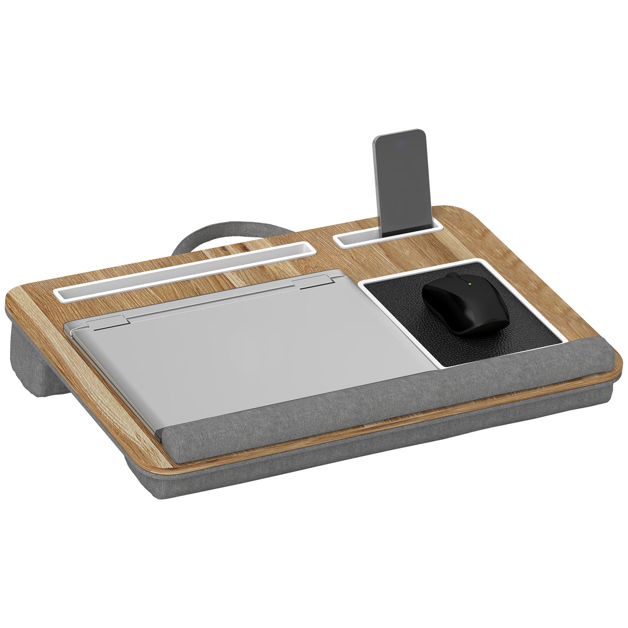 HOMCOM Laptop Stëll mat Këssen - Laptop Stëll mat Tablet Slot, Mënsch Pad, Handgelenk-Stëtzung - Bett Tësch, Heem Büro 55.5x37x9 cm Eichent