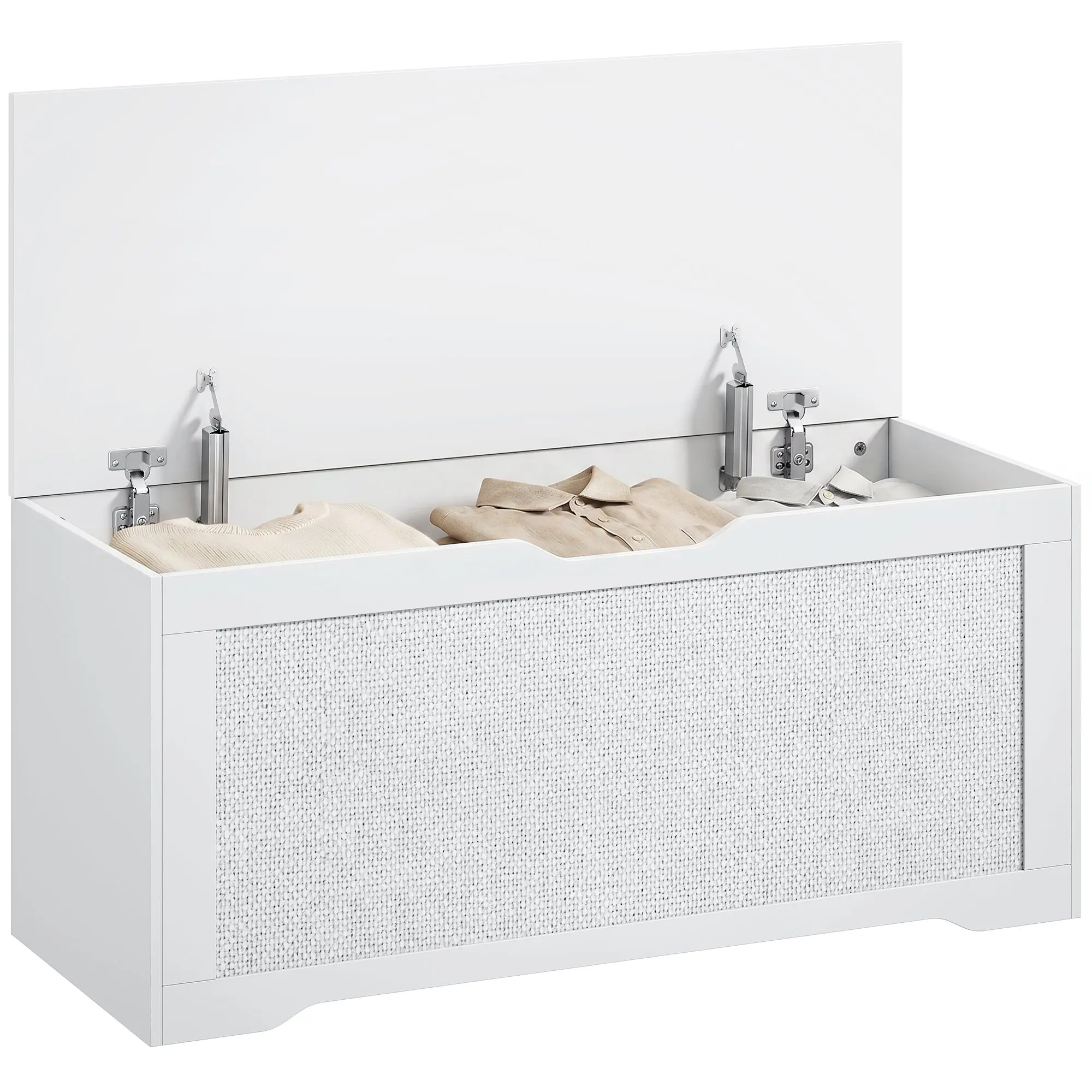 136 L (36 Gal) Storage Bench with PE Rattan Panel, Soft-Closing Lift Top, No-Handle Design — 39.4 x 15.7 x 17.7 in, White