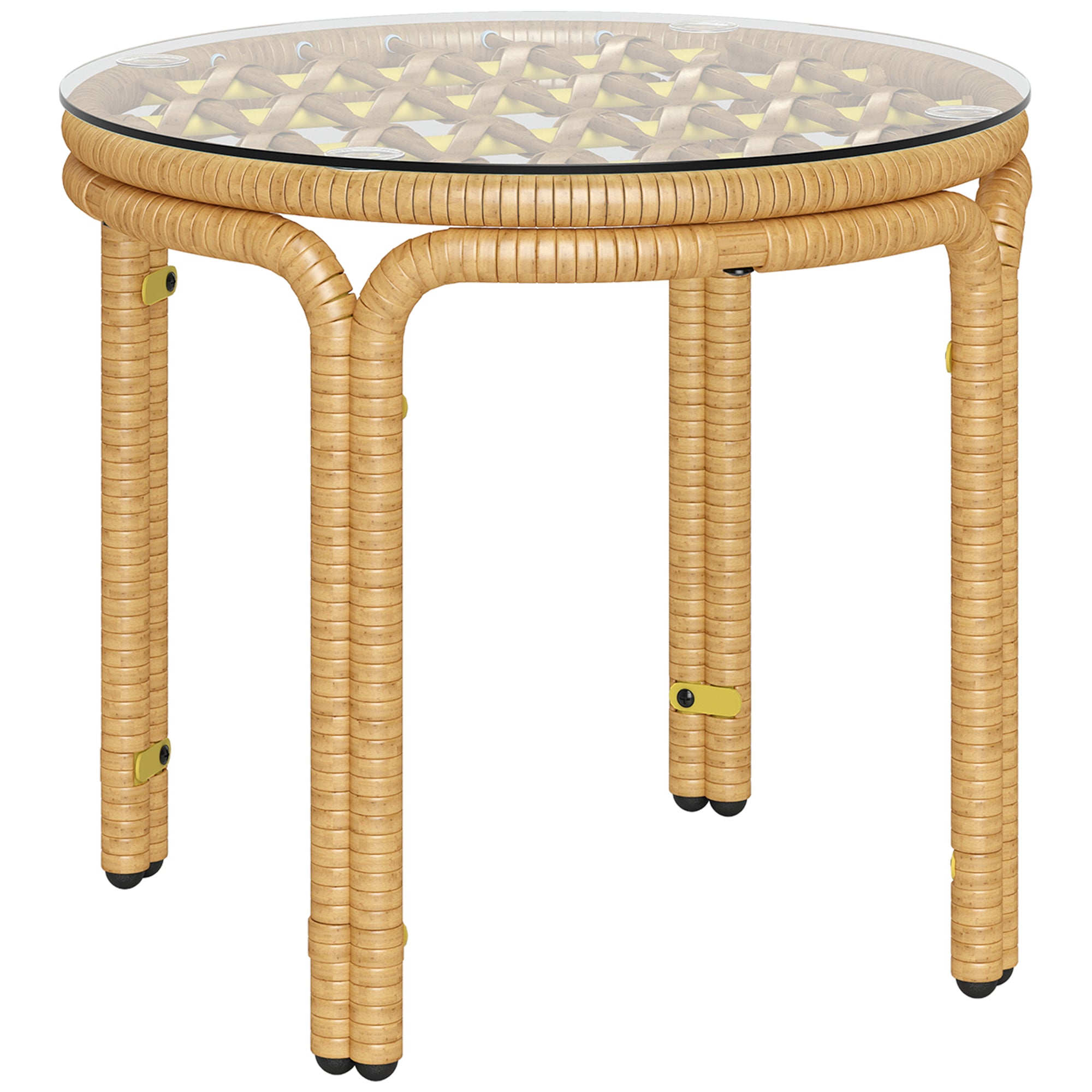 Outsunny Rund Rattan Side Table med Glasbordplade - Gartentable og Kaffebord til Stuen, Terrasse & Altan, Ø50 cm Gul