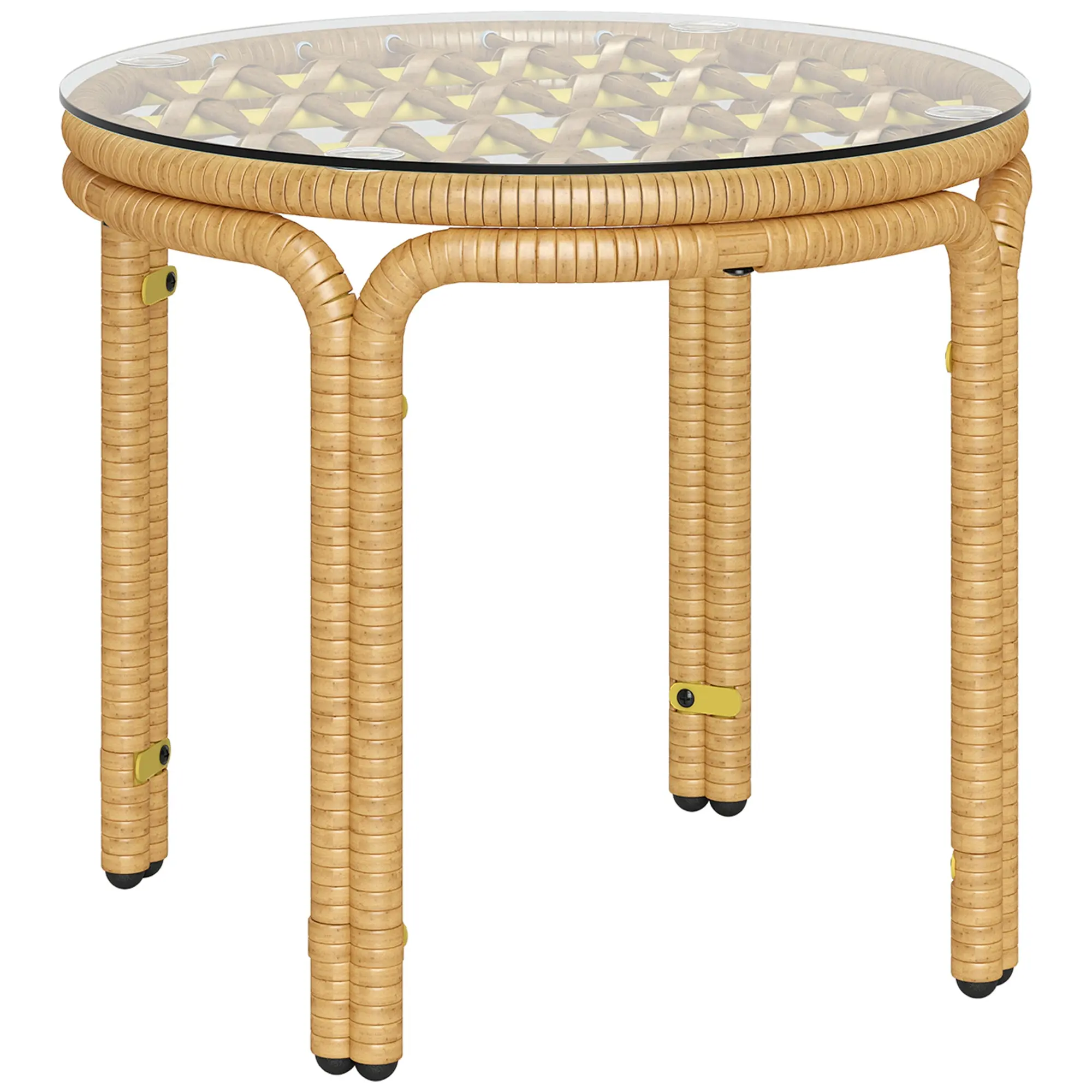Side Table made of Poly Rattan Round Coffee Table with Glass Table Top Nightstand Garden Table Patio Furniture Coffee Table Side Table for Living Room Garden Terrace Balcony, ?50 cm Yellow