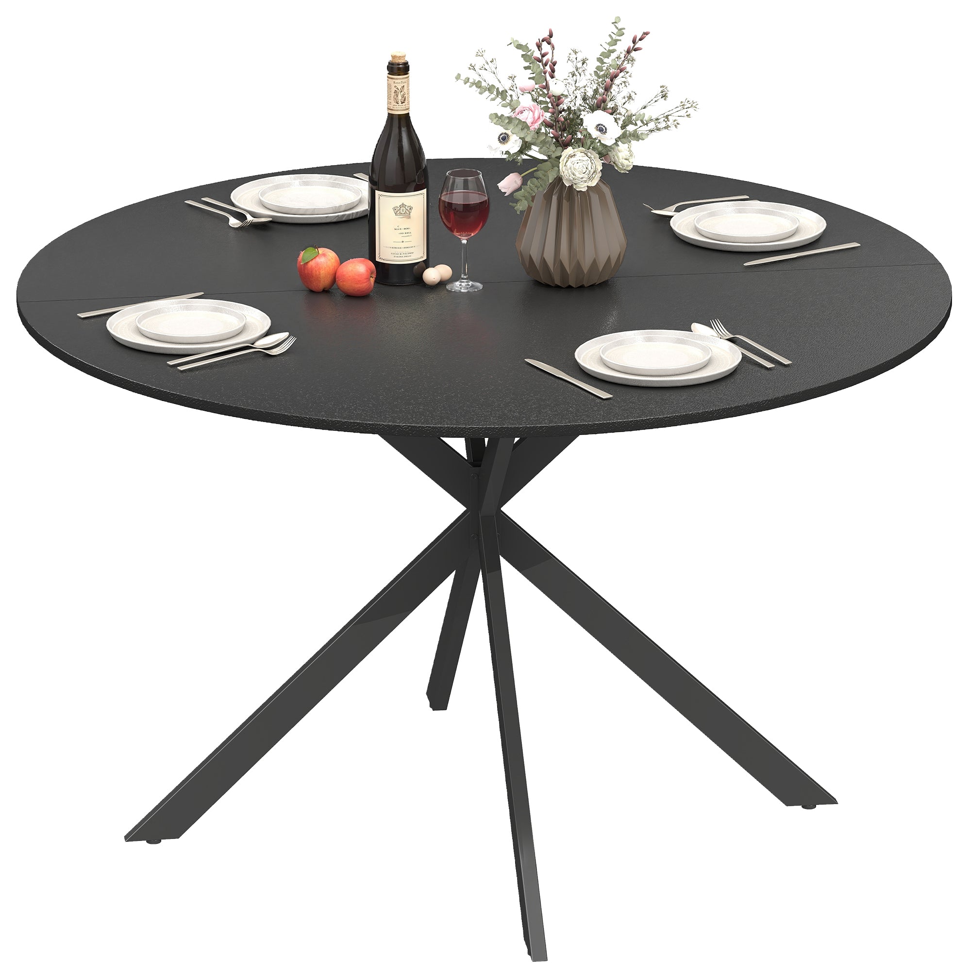 Round Dining Table for 4, 47.2 in ? Industrial Style with Steel X-Legs, for Dining Room, Kitchen, Home Office, Black