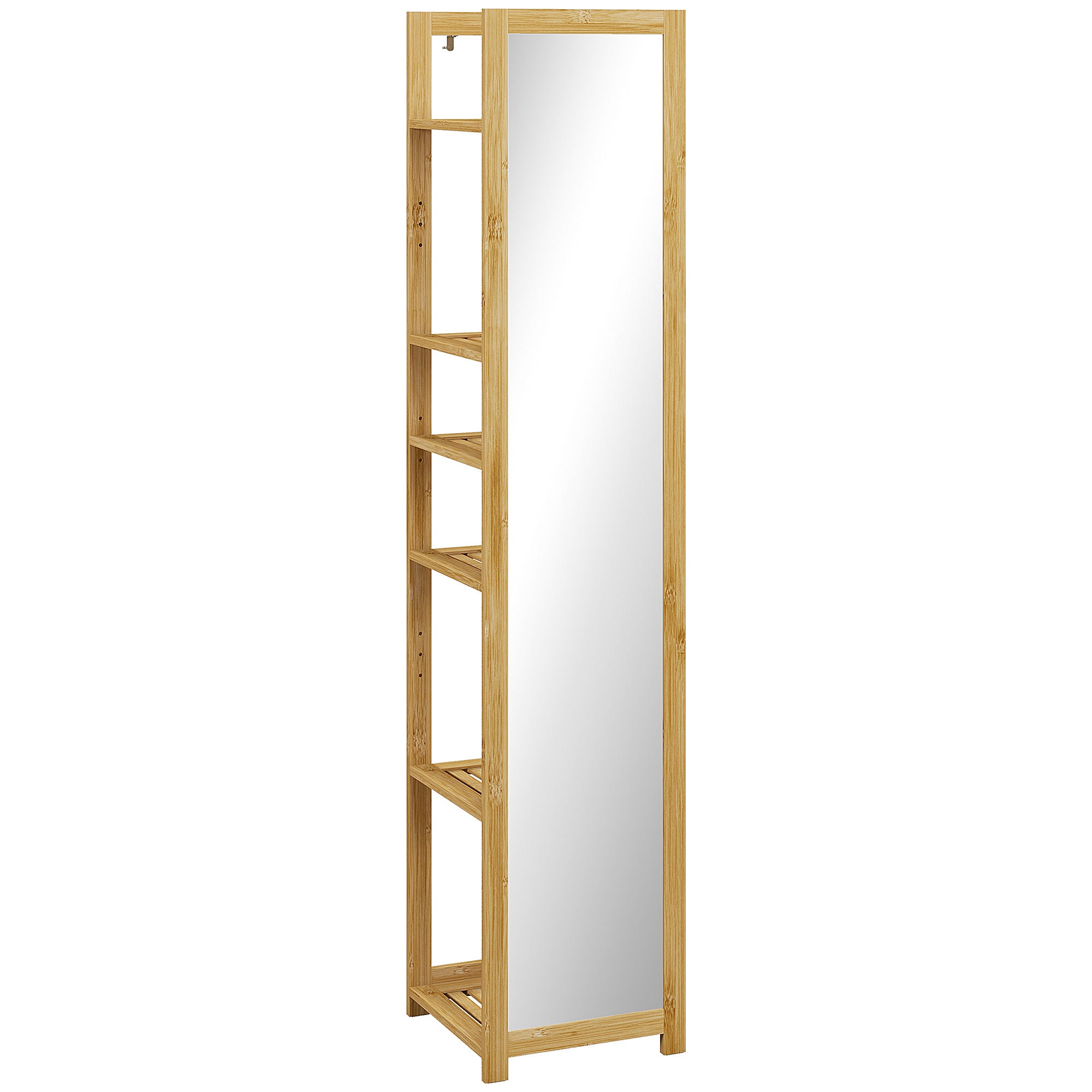 HOMCOM Fürdőszoba Szekrény Tükörrel, 6 Polcos Tárolópolc Természetes Bambuszból, 35L x 35Sz x 168M cm