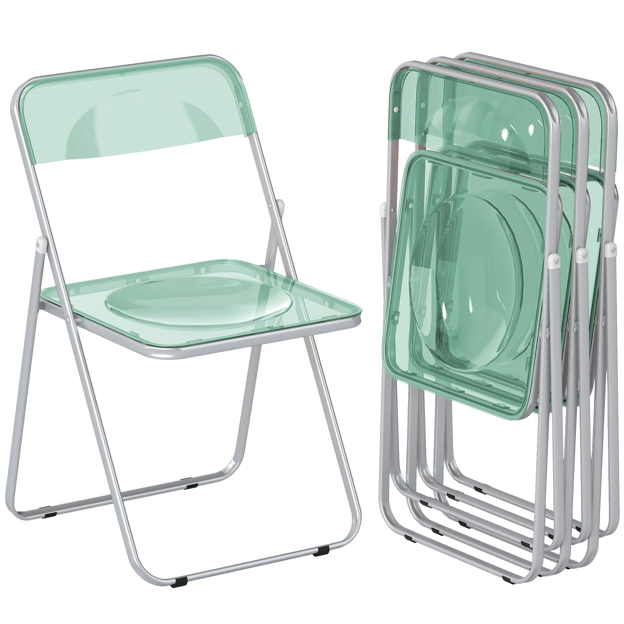 Set of 4 Acrylic Folding Chairs — Space-Saving Indoor Folding Seats with Steel Frame, Portable for Home, Office, Kitchen, Events (18.5 x 18.9 x 29.5 in / 47 x 48 x 75 cm), Green