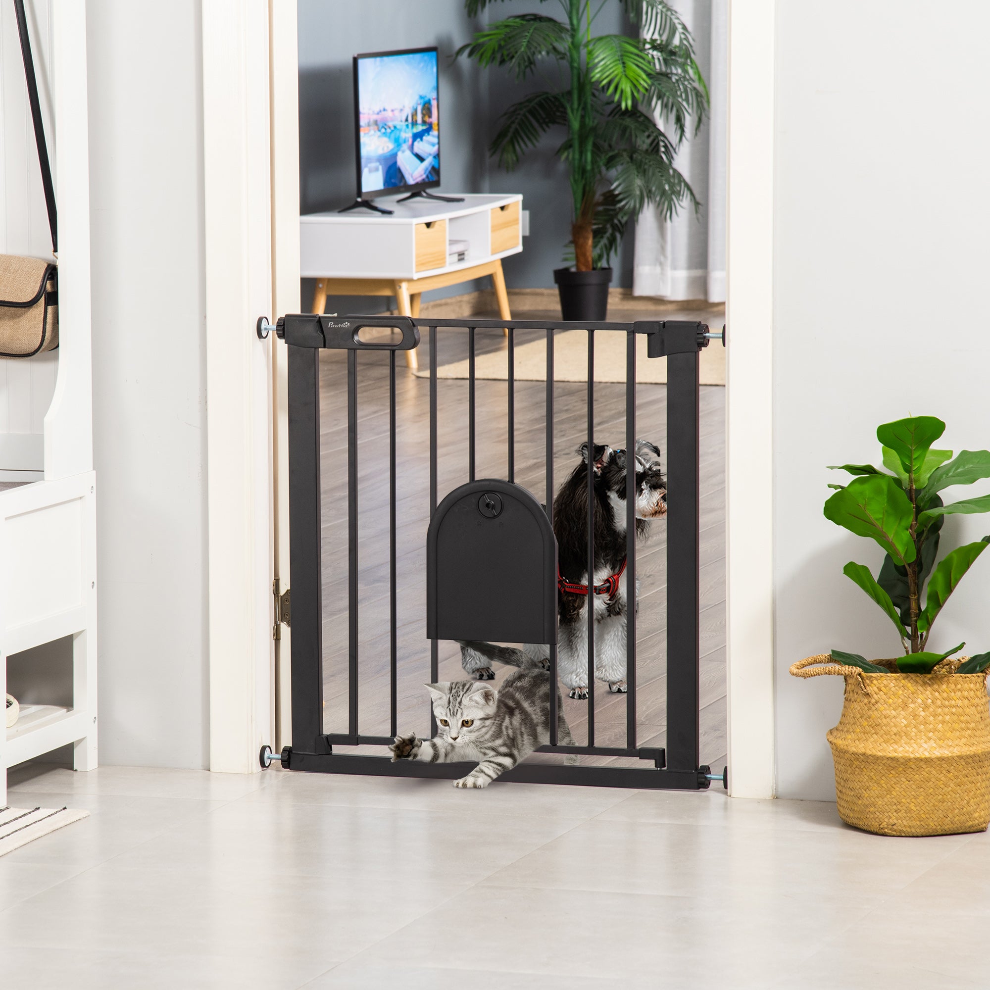 76H cm Pet Safety Barrier for Dogs Cats with Automatic Closing Door Double Locking System Pressure Fixing from 75 to 82 cm Steel and ABS Black