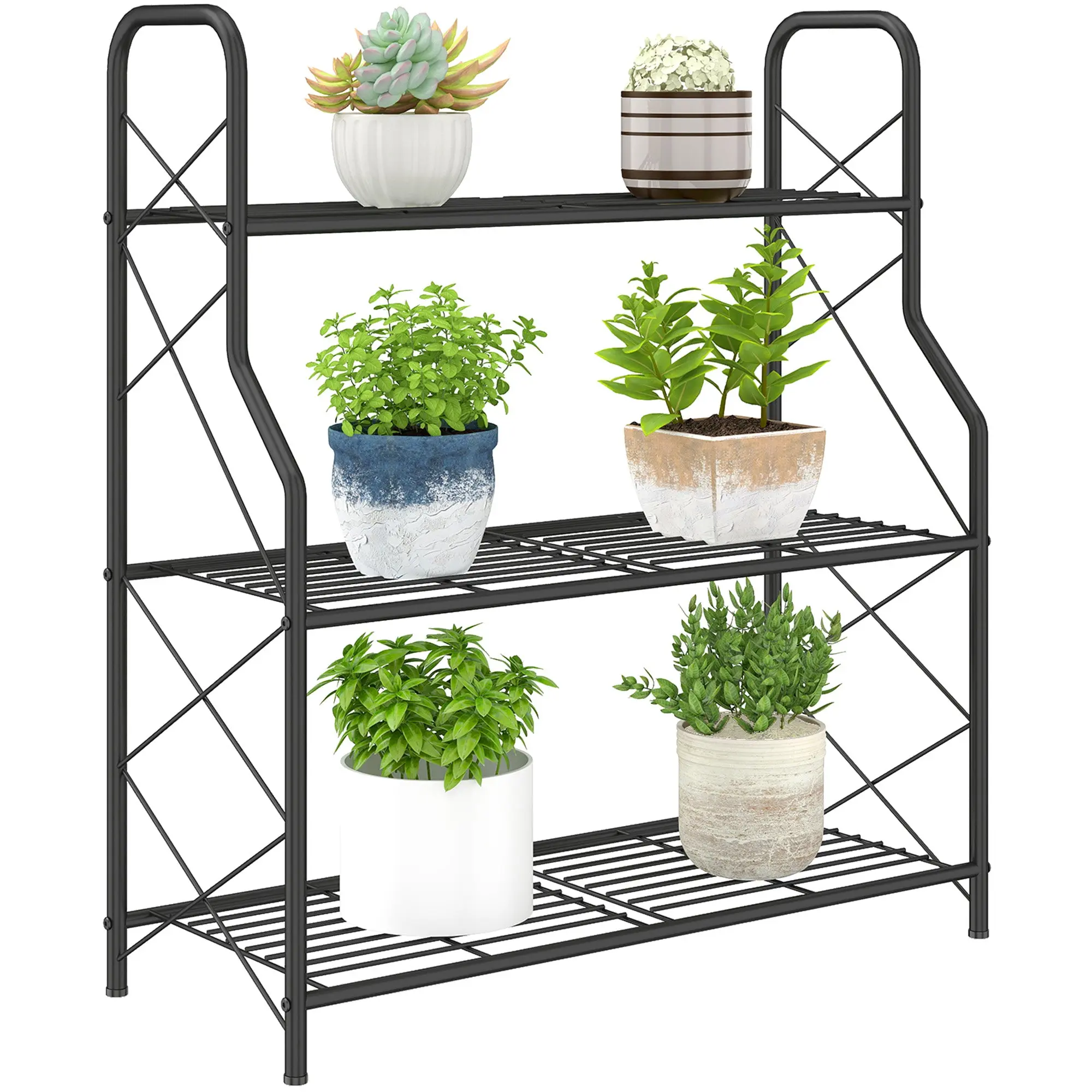 3-Tier Metal Plant Stand for Indoor & Outdoor — Adjustable Feet & Handles, Stable and Durable, for Pots, Patio, Garden, Balcony, Black