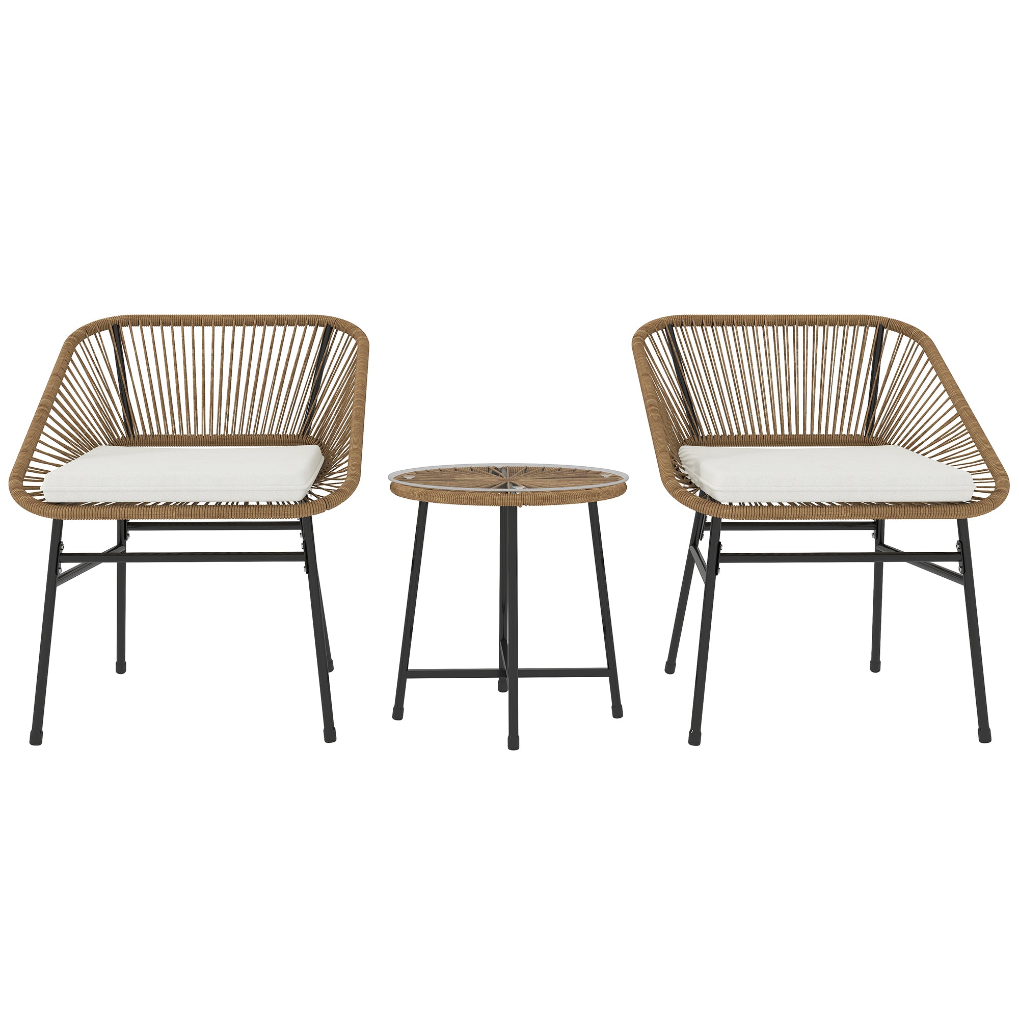 Outsunny 3-Péck Gaardenset aus PE Rattan an Stol, 2 Stéit mat Këssen a ronnem Kaffistëfel mat Glastop, Balconemöbel set fir Patio an Gart, Holzfaarf