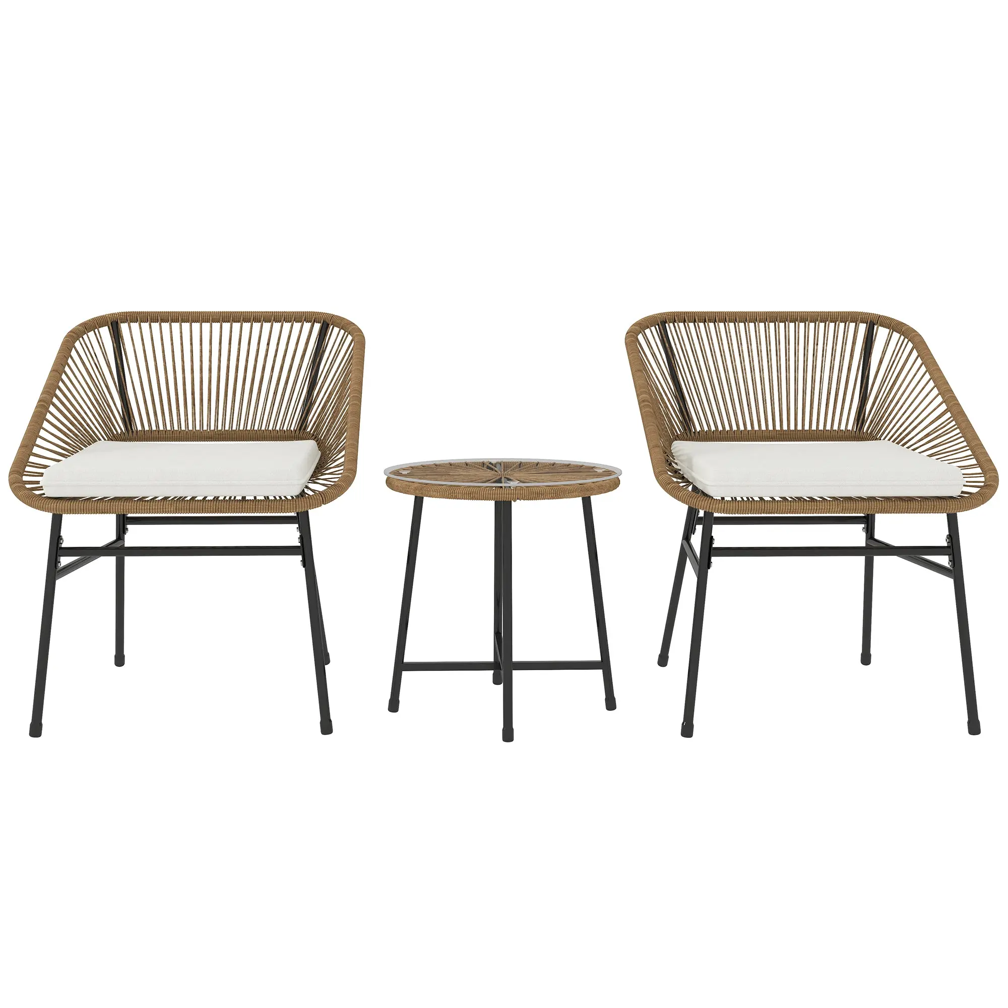 3-Piece Garden Set in PE Rattan and Steel, 2 Chairs with Cushions and Cylindrical Coffee Table with Glass Top, Balcony Furniture Set for Patio and Yard, Wood Color