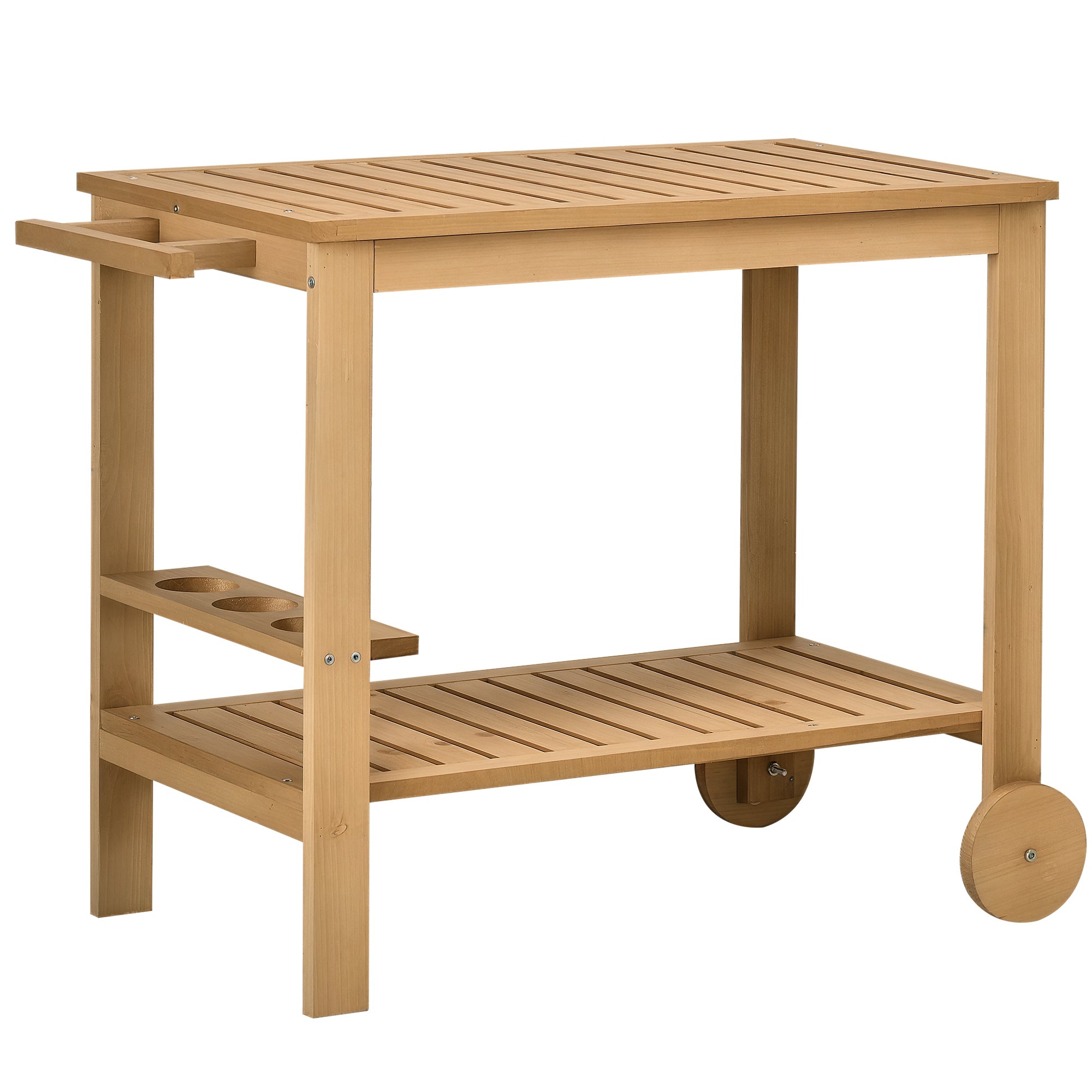 Outsunny 2-stöckiger Holz-Barwagen mit seitlichem Griff, 3 Halterungen für Weinflaschen und 2 Rädern für Gartenpatio Terrasse 95x47x74 cm Natur